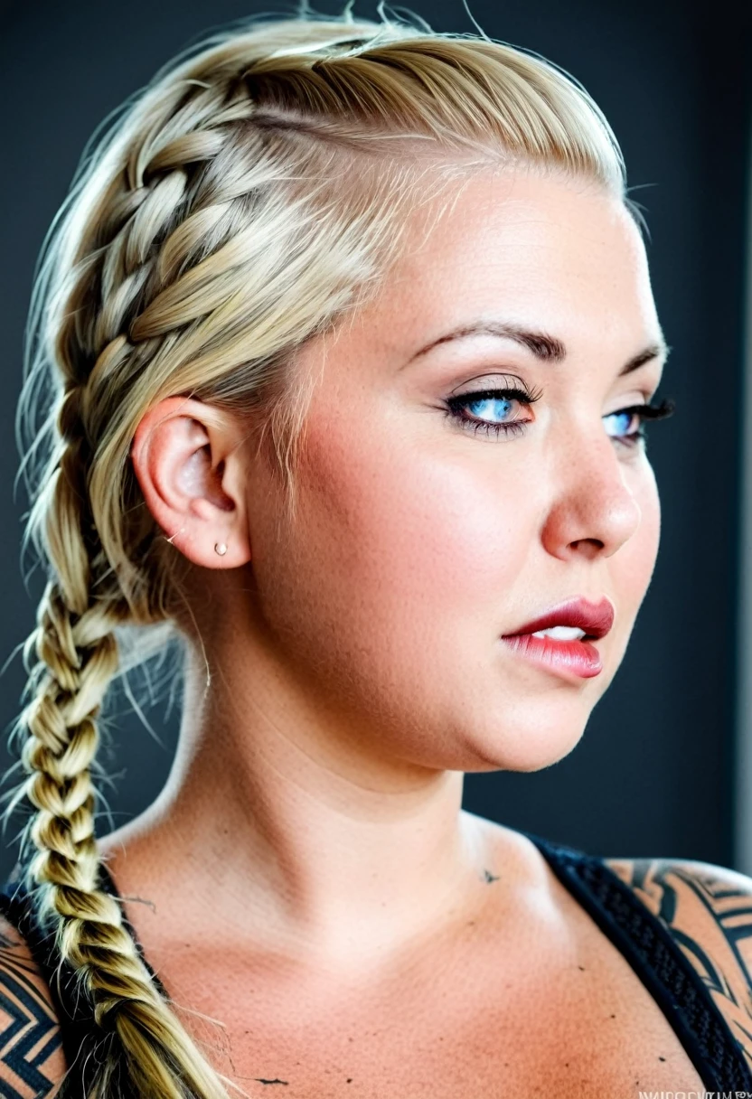 a (chubby) but muscular scandinavian woman, (Ingrid Mueller) 35 years old, blonde hair,sidecut and braided hairstyle, nordic tattoos. biting own lip