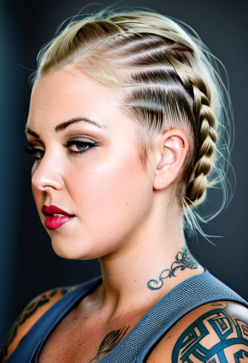 a (chubby) but muscular scandinavian woman, (Ingrid Mueller) 35 years old, blonde hair,sidecut and braided hairstyle, nordic tattoos. biting own lip