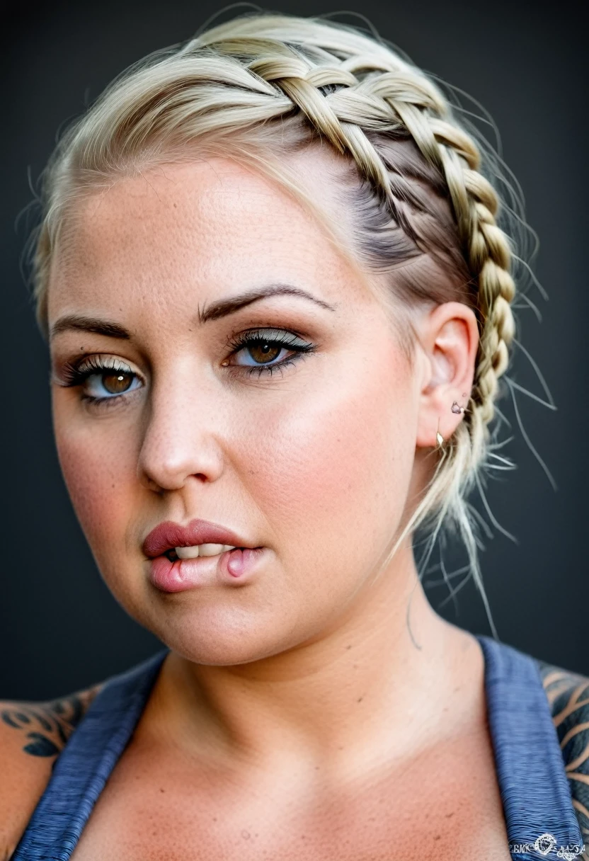 a (chubby) but muscular scandinavian woman, (Ingrid Mueller) 35 years old, blonde hair,sidecut and braided hairstyle, nordic tattoos. biting own lip