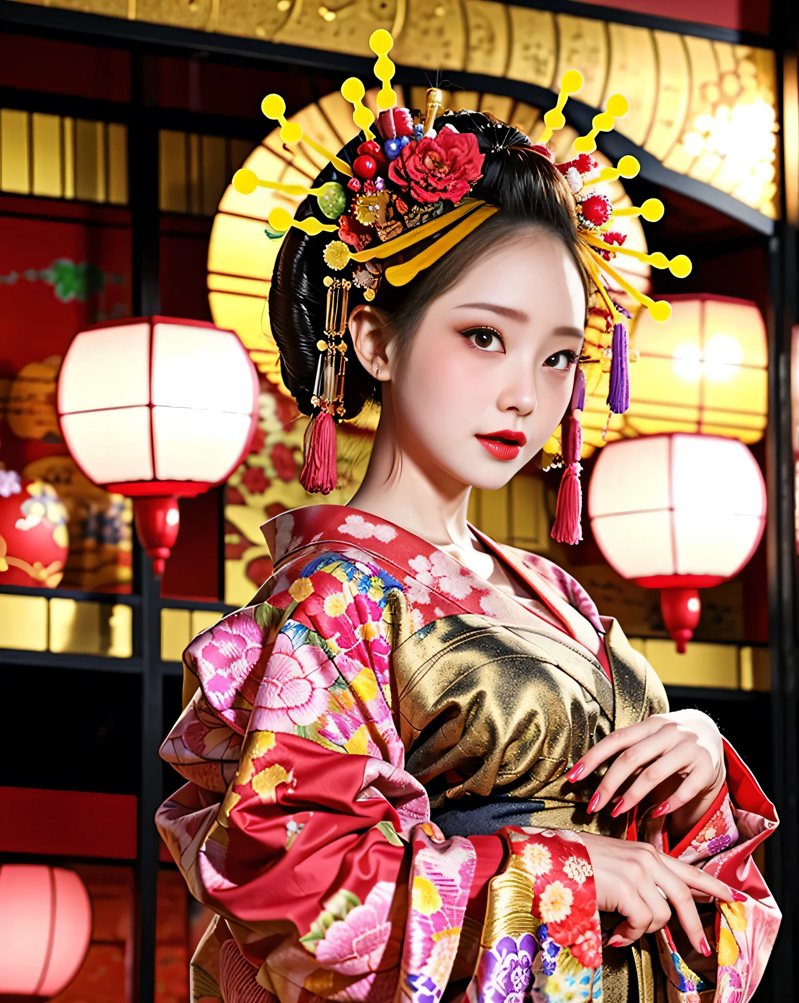 4K, masterpiece, High resolution, Confused,Natural volumetric lighting and great shadows, 笑face,deep i is written deep in the world,soft delicate beautiful attractive face, Beautiful Edge Courtesan_woman, a woman in a kimono posing for a picture ,A courtesan with a perfect edge_face,A courtesan with a perfect edge_body,edgOiran_Compensate,edgOiran_Hairstyle、Browsing Caution、Overweight, Extremely fat, ((Chubby))