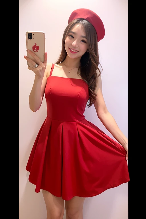 (masterpiece, best quality), 1 Girl, Smile, beautiful, Selfie,, beautiful脸蛋, cap, Red Dress,Transparent Background