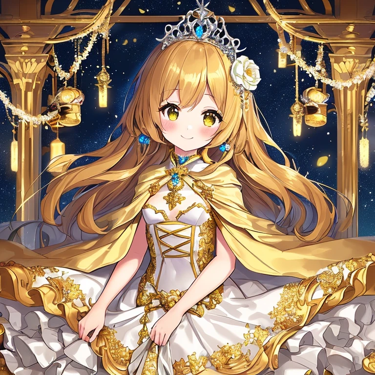 looking at viewer,(kawaii),(best quality),(ultra detailed), upper body,(rococo style),(long train pastel yellow cape:1.15), very long cape,(long train white ball gown with flower decorations:1.1), a girl is wearing a cape over her gown, 1 little princess, tiara, smile, very long hair, small breasts