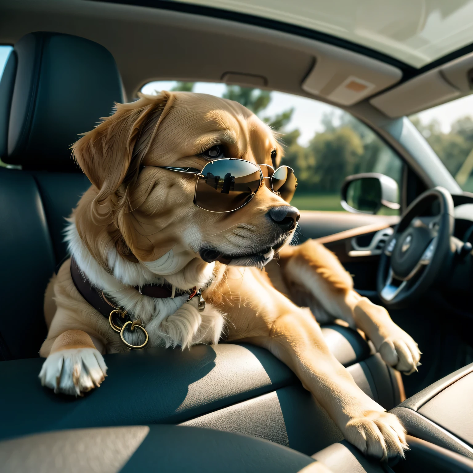 Luxury portrait of a happy dog wearing sunglasses sitting in the passenger seat of a car with its head out the window. The puppy, a golden retriever, sports cool, reflective aviator sunglasses that give him a smart and quirky look. Sunlight streaming through the car window highlights the dog's golden fur, adding a warm glow to the scene.. The background is lush green and the clear blue sky visible from the car window gives a hint of a scenic resort.. The overall composition is realistic, capturing the dog's happy expression and the relaxed, fun atmosphere of vacation photos..