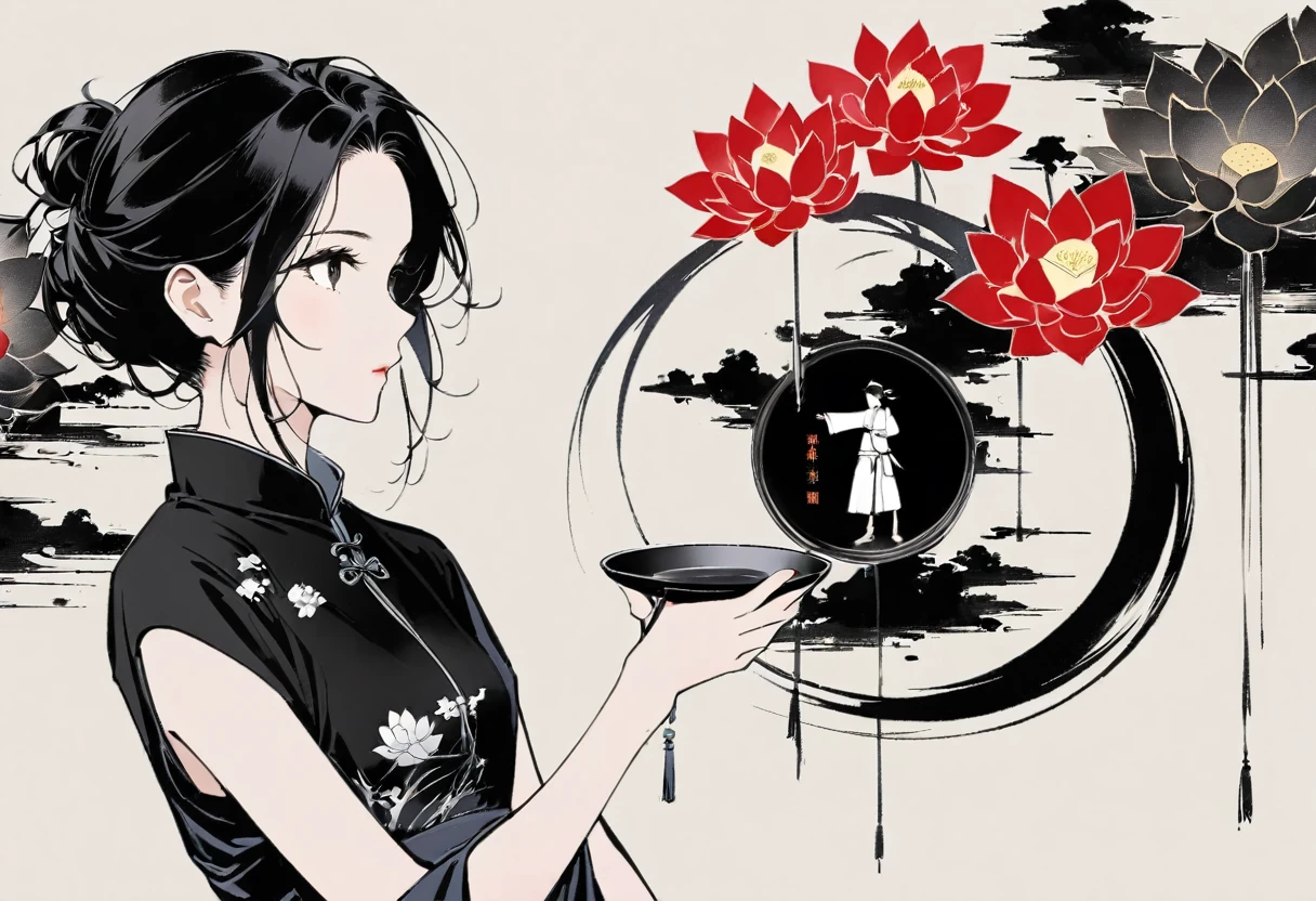 (大量留white:1.5),white, white色背景, simple, Minimalism, abstract,Freehand,Aesthetic,Tai Chi,Gossip,黑与white,Ink Painting,antiquity,Lotus,Girl drinking tea