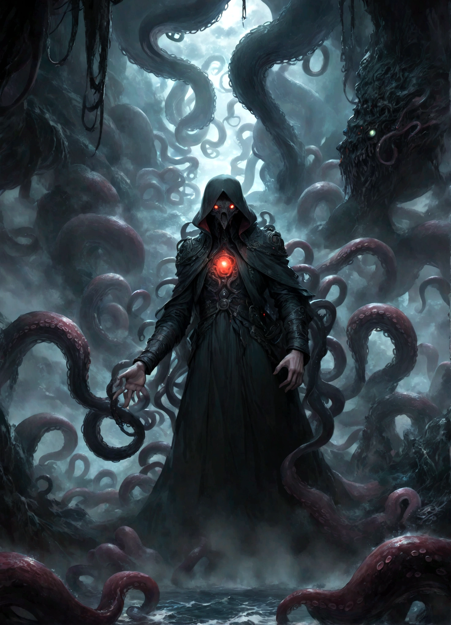 A dark fantasy scene depicting the terrifying creature Cthulhu,emerging from the abyss. The monstrous figure,shrouded in shadows,has large,((menacing tentacles reaching out toward the viewer:1.3)),The atmosphere is eerie and foreboding,with a stormy,nightmarish sky filled with swirling dark clouds. The sea below is turbulent and foamy,reflecting the chaos above. Dim,ghostly lights illuminate parts of Cthulhu’s form,enhancing the horror. The viewer feels an intense sense of dread as the tentacles draw nearer,creating a gripping,immersive experience.,(masterpiece:1.3),(highest quality:1.4),(ultra detailed:1.5),High resolution,extremely detailed,unity 8k wallpaper,(Draws a dark and decadent background,Expresses the fear that the viewer feels,collapses the bottom of the image,Please express it artistically by blurring it in some places.),dynamically,Presence,fear,despair,dark fantasy,Nervousness,Light and darkness,Use red as an accent color