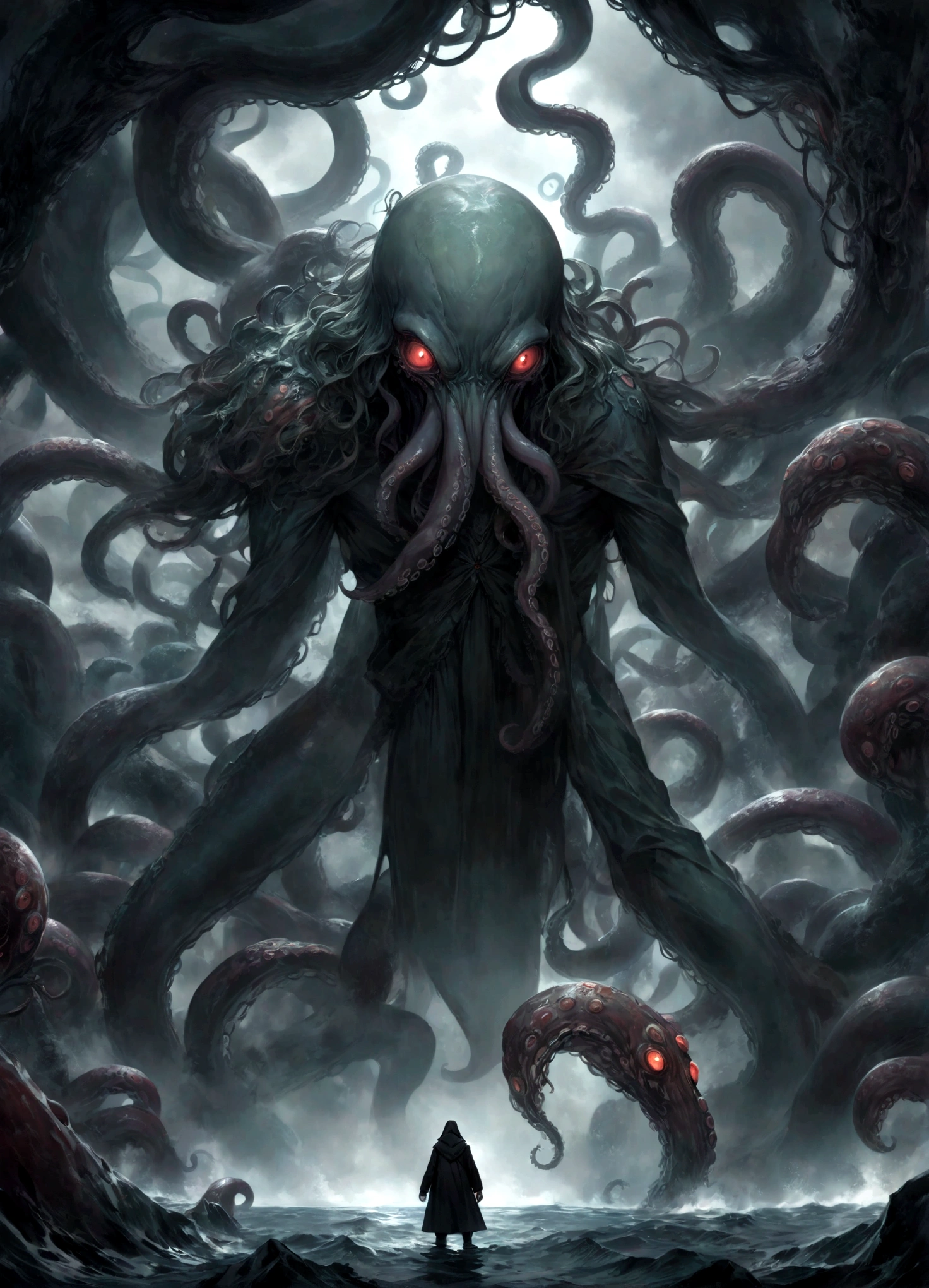 A dark fantasy scene depicting the terrifying creature Cthulhu,emerging from the abyss. The monstrous figure,shrouded in shadows,has large,((menacing tentacles reaching out toward the viewer:1.3)),The atmosphere is eerie and foreboding,with a stormy,nightmarish sky filled with swirling dark clouds. The sea below is turbulent and foamy,reflecting the chaos above. Dim,ghostly lights illuminate parts of Cthulhu’s form,enhancing the horror. The viewer feels an intense sense of dread as the tentacles draw nearer,creating a gripping,immersive experience.,(masterpiece:1.3),(highest quality:1.4),(ultra detailed:1.5),High resolution,extremely detailed,unity 8k wallpaper,(Draws a dark and decadent background,Expresses the fear that the viewer feels,collapses the bottom of the image,Please express it artistically by blurring it in some places.),dynamically,Presence,fear,despair,dark fantasy,Nervousness,Light and darkness,Use red as an accent color