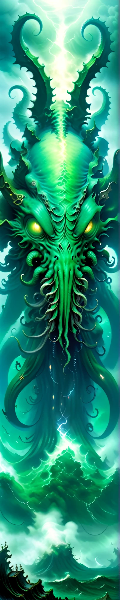 giant Cthulhu deity emerging from the depths of the ocean on the horizon, amid dense and hazy green fog, dense clouds and lightning around the monster.