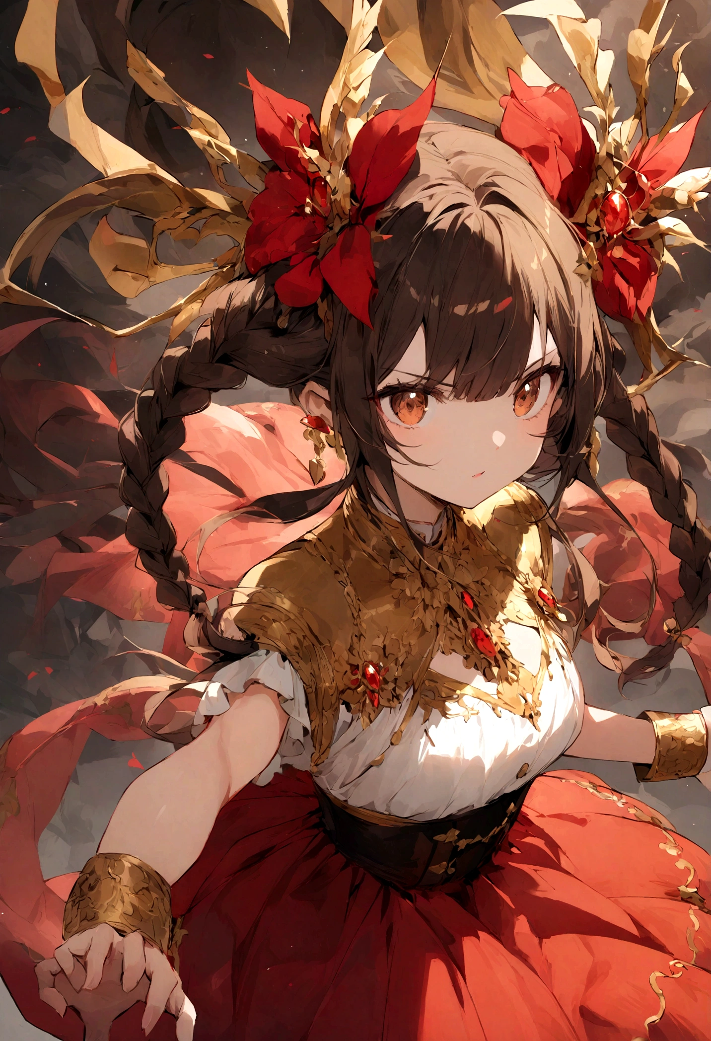 An anime girl wearing a red skirt and black,She has brown hair and eyes。Her hair was tied into two small braids.,And wearing red flower ornaments on the ears。She wears a white blouse,It has gold buttons and pink cuffs.。Karate stance,Black smoke and monsters are emitted from the top and around。Maiden fights monsters,Sense of lens