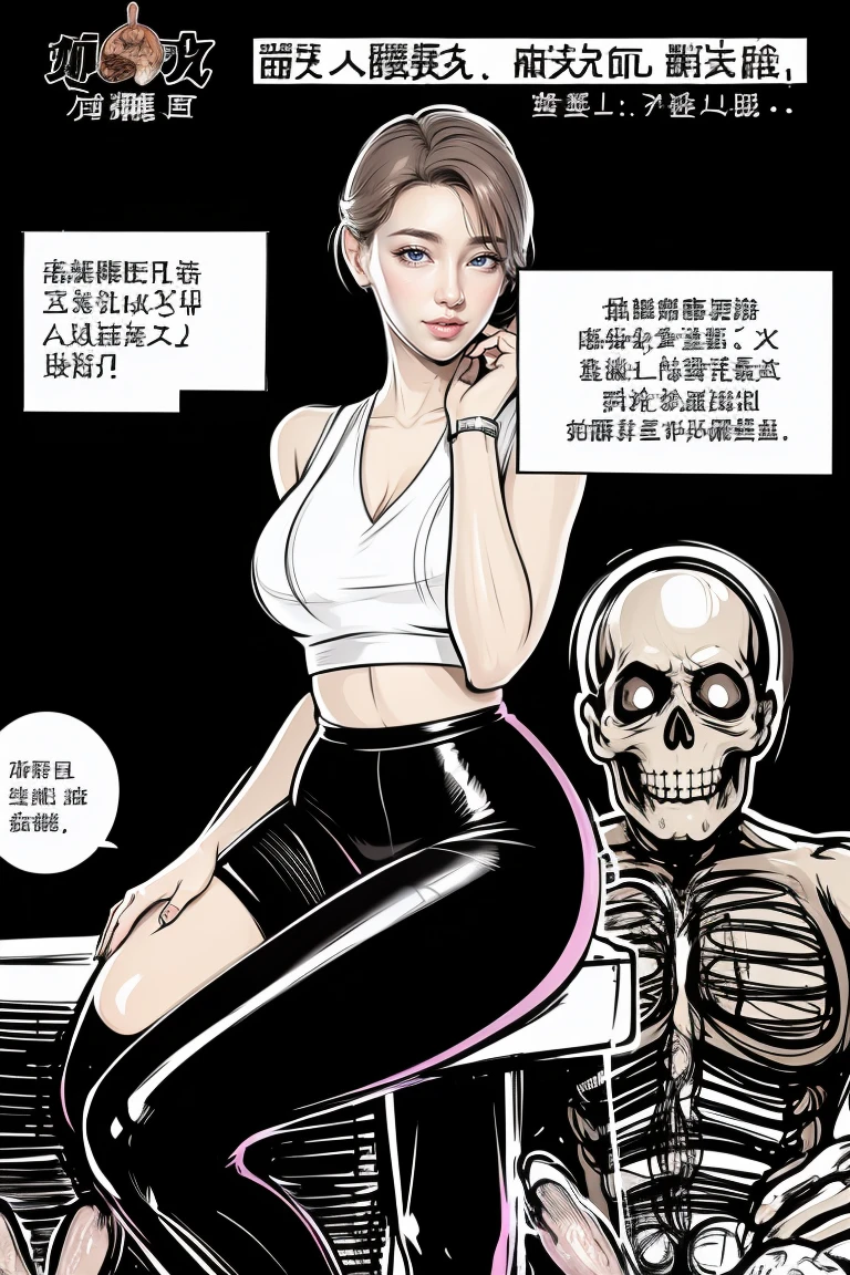 The beautiful girl in lace top and leggings is sitting astride a pile of skeletons in the center of the picture. She is holding a trembling sausage with juice squeezed out in her hand and smiling. There are multiple comic storyboards in the background，cbt, sausage bondage,sausage insertion,Sexy, trampling sausage with high heels heel,(masterpiece, best quality:1.2)，1 beautiful girl,sexy，comic storyboard:2, leggings, sit astride, axially symmetrical:2, ,femdom，sounding，cbt，hold，smile，colorful，leggings，thin gap，cameltoe，insertion，trembling，juice，spray， Long hair,Lace top,Sexy, Shiny leggings, High heel，cleveage, trampling, in forest, saliva , Mucus，