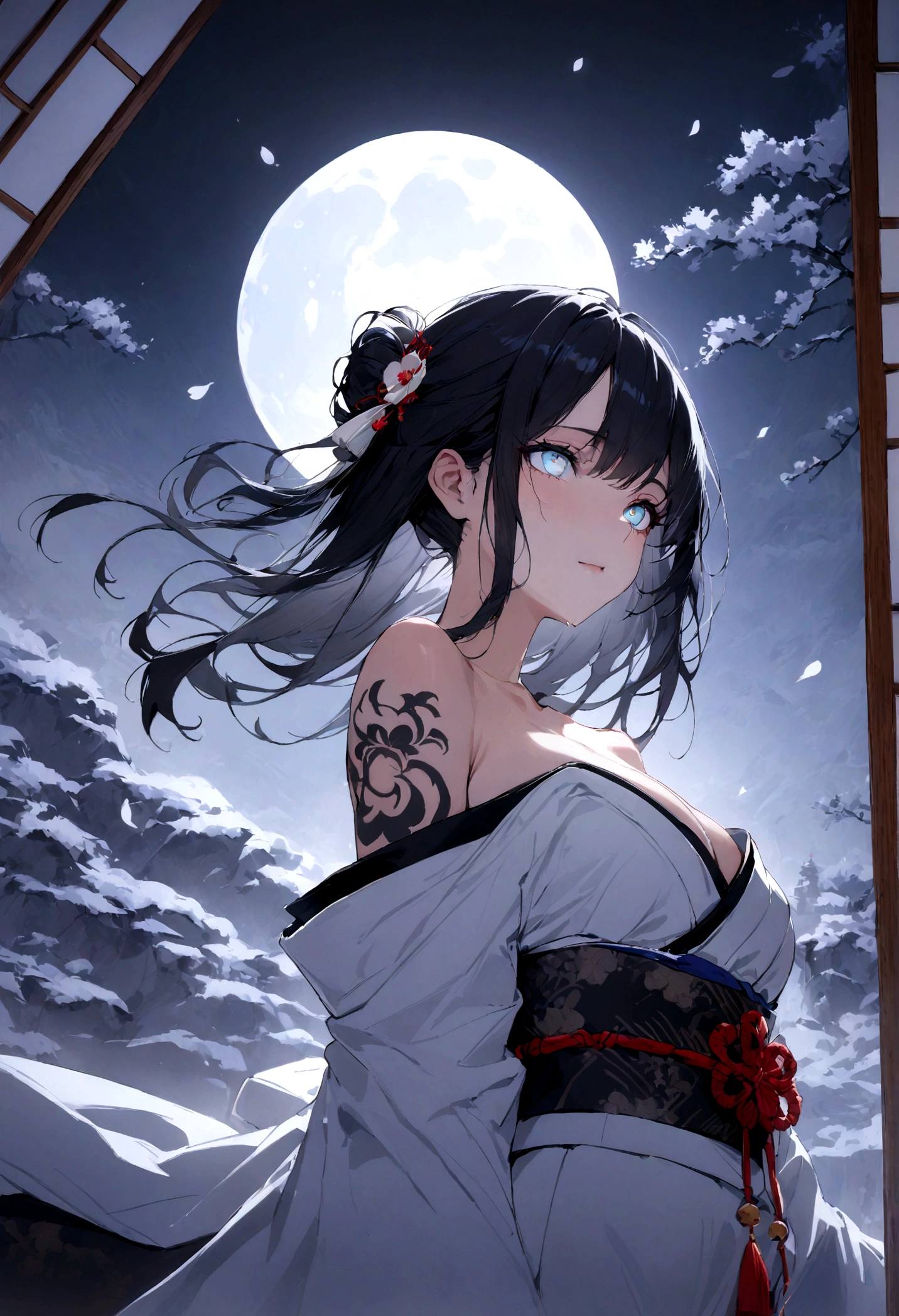 (masterpiece:1,2), Highest quality, masterpiece, High resolution, original, Highly detailed wallpaper, Perfect lighting,geisha, kimono,Bare shoulders,tattoo,(((Black and White))),Extremely detailed,alone,Cold Eyes,look up,Glowing Eyes,Byeob,moon,Black Hair,petal,sexy