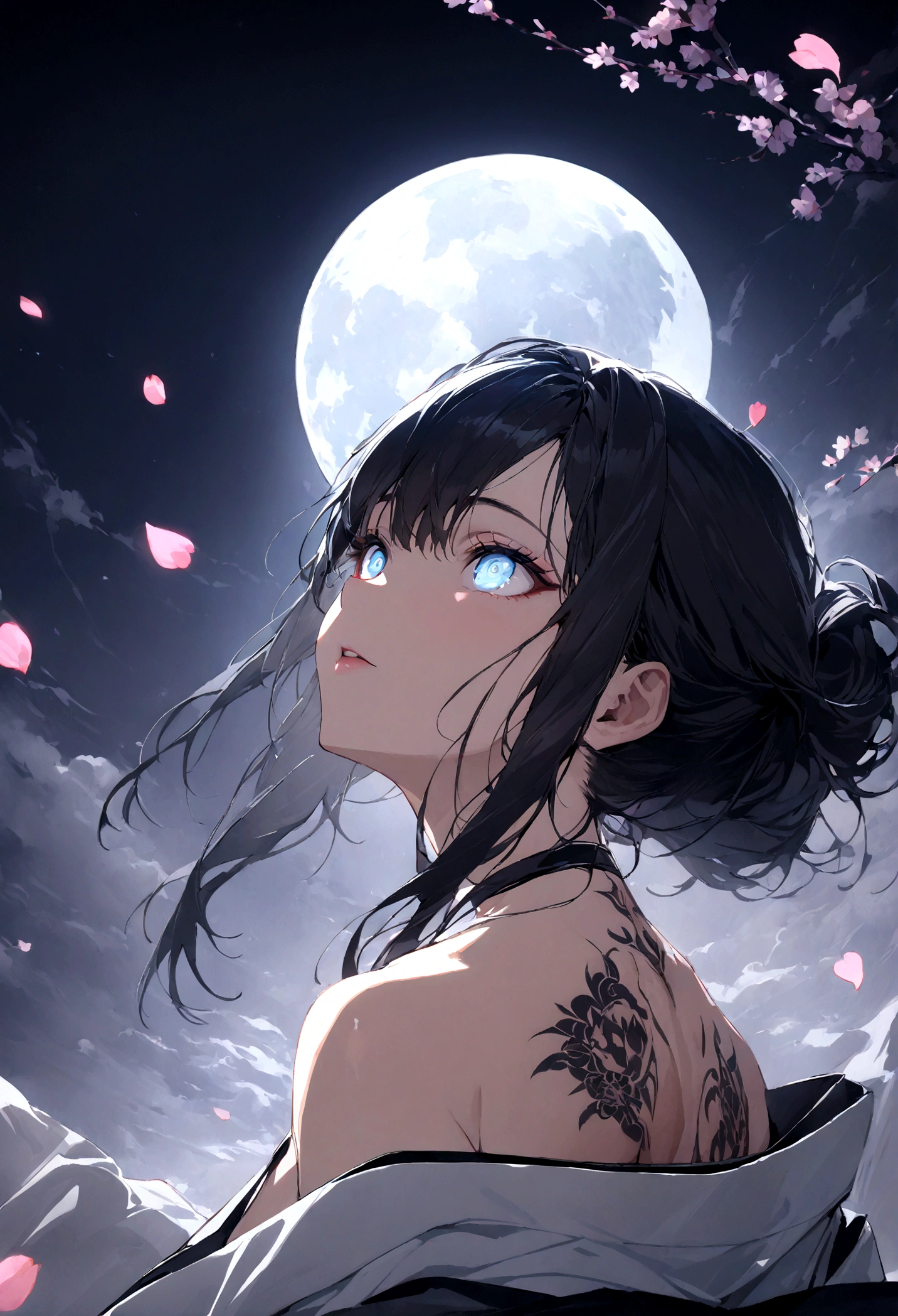 (masterpiece:1,2), best quality, masterpiece, highres, original, extremely detailed wallpaper, perfect lighting,geisha, kimono,Bare shoulder,tattoo,(((Black and white))),Extreme detail,solo,Cold eyes,look up,Glowing eyes,byobu,moon,Black hair,petal,sexy