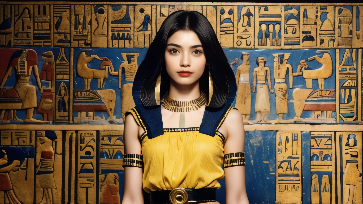 242 20-year-old female, short hair,kind, lipstick, Egyptian civilization, Waist belt, Hieroglyphics