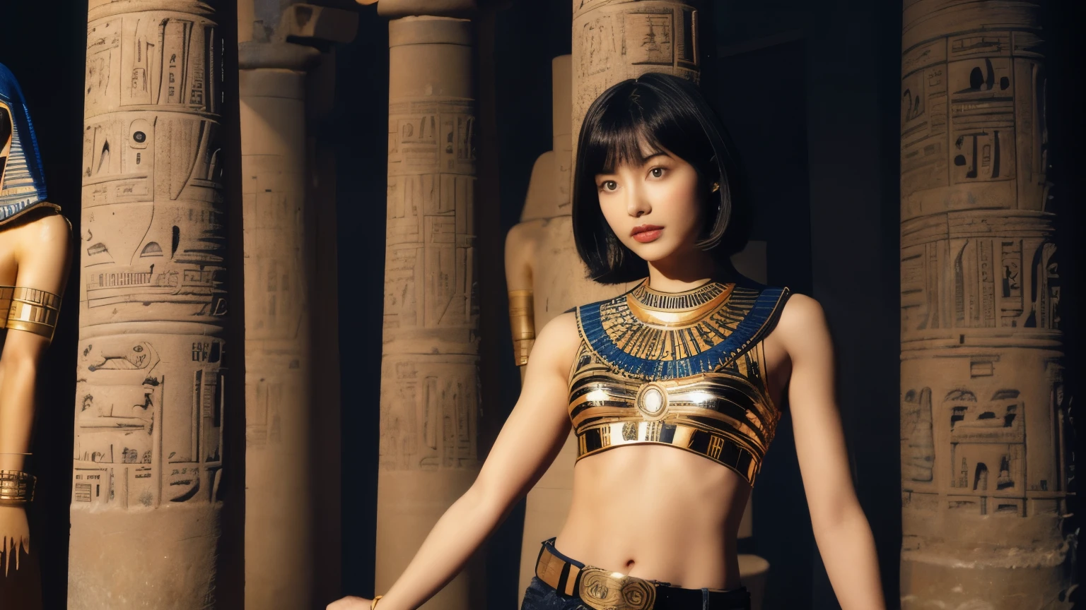 242 20-year-old female, short hair,kind, lipstick, Egyptian civilization, Waist belt, Hieroglyphics