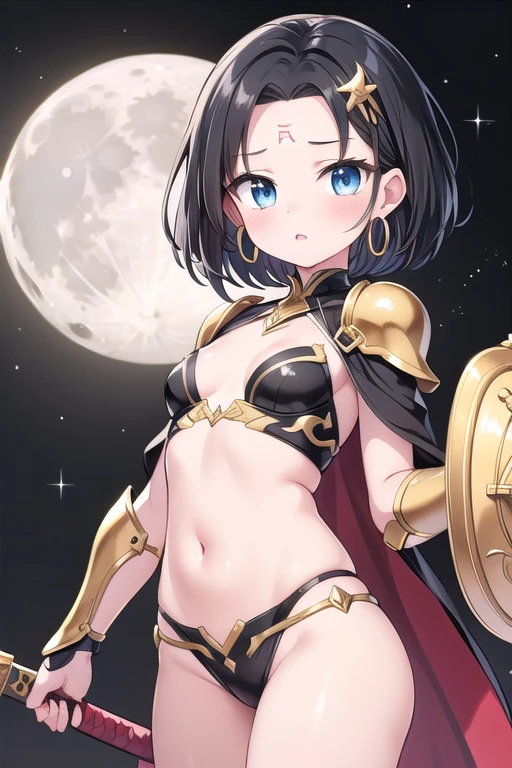 One Girl, A girl is posing for a photo, pretty girl, Enchanting girl, Beautiful Anime Girls, (((A young, short ))),
((Black Hair, Bangs that expose the forehead:1.4, Very short back hair:1.4), (blue eyes)), BREAK
(Exposed(Gold ornament on a black background)Armor of:1.4 + belly button:1.4 + (Gold ornament on a black background)Gauntlet of:1.4 + (Gold ornament on a black background)Armor ofの肩当て:1.4 + Armor shin guards:1.4, Armor boots + red cape), BREAK (Gold headband:1.4, Wears a shield embedded with a red gem, Holding the hilt of a sword),
((Gold hoop earrings)),
BREAK Sensual,((Small breasts)),
BREAK
(Beautiful Hair, Shiny Hair, Shiny Hair)),
(Double eyelids, Long eyelashes),
(Expression of fine eyes, Beautiful and delicate eyes, Sparkling eyes, Eye Reflexes),
(Beautiful Nose,Thin Nose), (Human Ear),
(Glossy Lips, Beautiful Lips, thick lips),
(Symmetrical facial features, Perfect Face), (Beautiful breasts), (Detailed skin, Oily skin, Textured skin, Glowing Beautiful Skin),
BREAK
(((Embarrassed)),
BREAK
((Fantasy World:1.4, night + I can see the stars and the moon + Castle Garden:1.4, Facing the viewer:1.4)), ((Angle from the front, Cowboy Shot:1.4)),
BREAK
((Ultra-high resolution)), (((masterpiece))), (((highest quality))), ((8k)), (Attention to detail), (Beautiful sparkle), (High detail), (Anatomically correct)),
((Realistic)), ((The best CG)), Highly detailed art, CG illustration, ((Line art)),