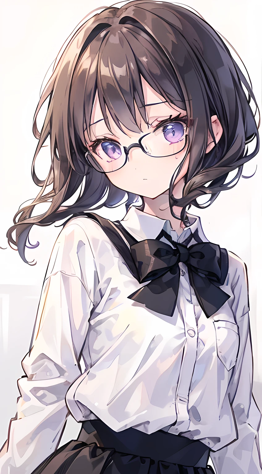 ((best quality: 1.2+super detail: 1.1+high resolution: 1.1), short brown hair, purple eyes, white long-sleeved shirt, short black skirt, black bow tie, techwear jacket white, cute girl, cute, blunt, (detailed description: 1.2), delicate face), white background, round glasses, close-up face, upper body, standing, facing forward, front view, middle position, no wind,