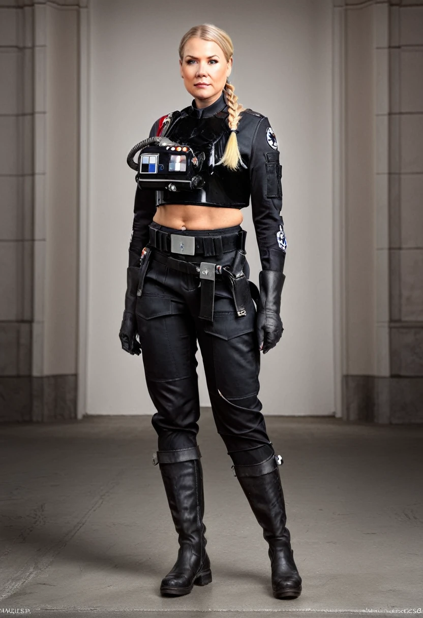 a (chubby) but muscular scandinavian woman, (Ingrid Mueller) 35 years old, blonde hair,sidecut and braided hairstyle, nordic tattoos. wearing a Tie Pilot uniform. full body shot. masterpiece 4k high detailed, high quality