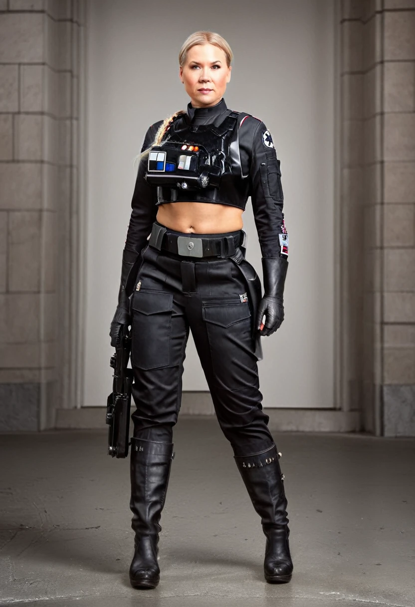 a (chubby) but muscular scandinavian woman, (Ingrid Mueller) 35 years old, blonde hair,sidecut and braided hairstyle, nordic tattoos. wearing a Tie Pilot uniform. full body shot. masterpiece 4k high detailed, high quality