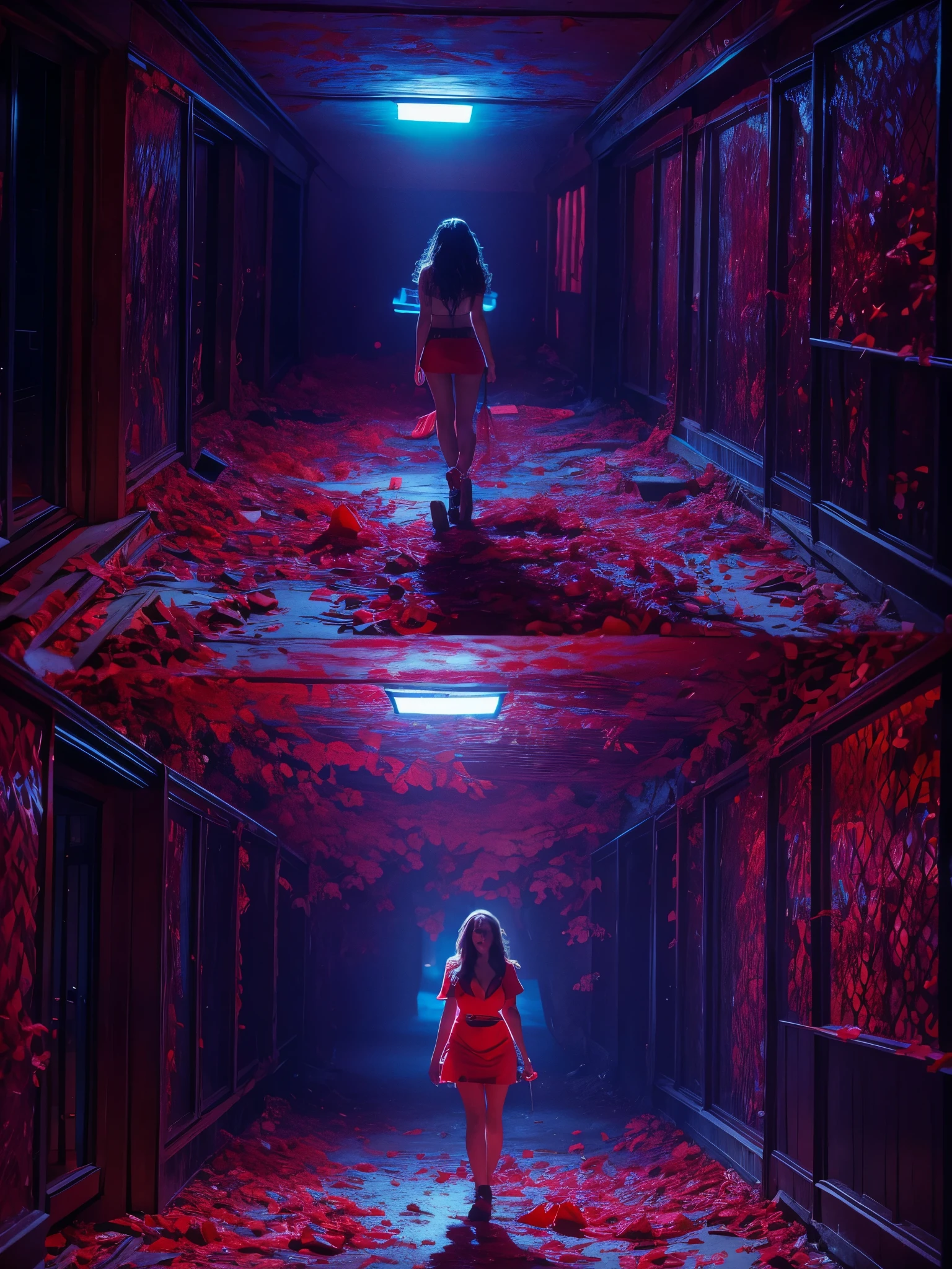 A stunning 23-year-old European playmate trapped in a horror zombie movie scene. The left side of the picture is illuminated with a eerie red light, while the right side is bathed in a chilling blue glow. Shot in ultra-high definition, capturing a cinematic masterpiece with a mix of horror and beauty.