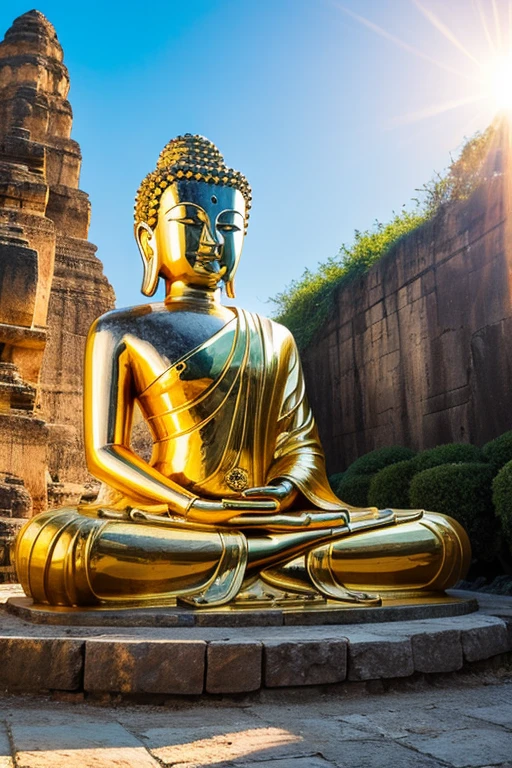 A huge Buddha statue nearby,Stone Texture,expensive,Majestic,The background is illuminated by sunlight.,Inverted Image,front,Pilgrims&#39; Path