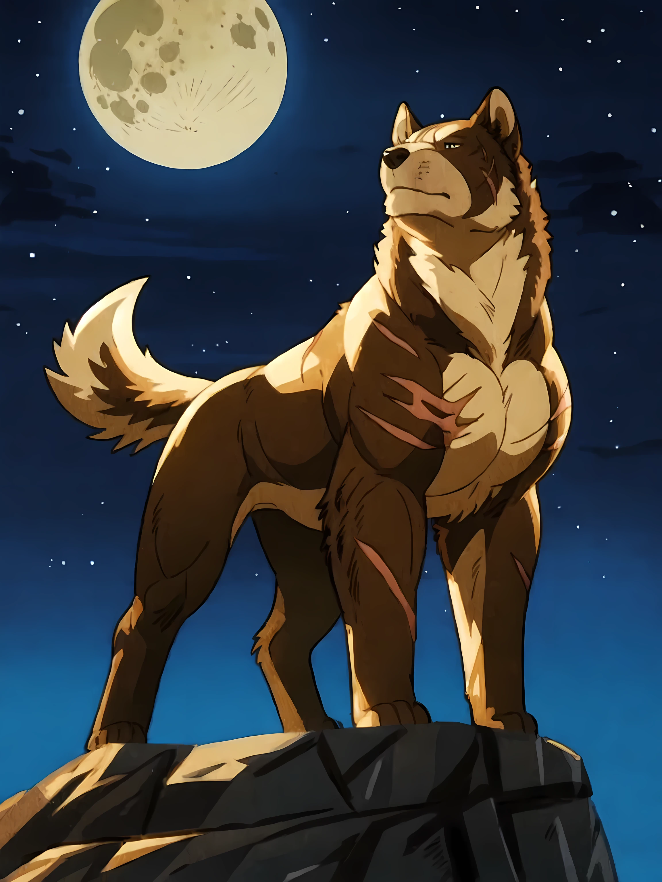 riki, brown fur, scars, male, masculine, feral:1.1, quadruped, (muscular forelegs, muscular neck, muscular shoulders, muscular hindlegs, muscular feral):1.5, pectorals:1.1, biceps, half body:1.1, detailed, high quality, best resolution, solo, posing, (night background, stars, full moon), (backlight, dramatic shadows, strong shadows):1.1, by wfa, by seibear, by rossciaco, by taran fiddler, by echin:0.5, cel shaded, proud, majestic, mwvector