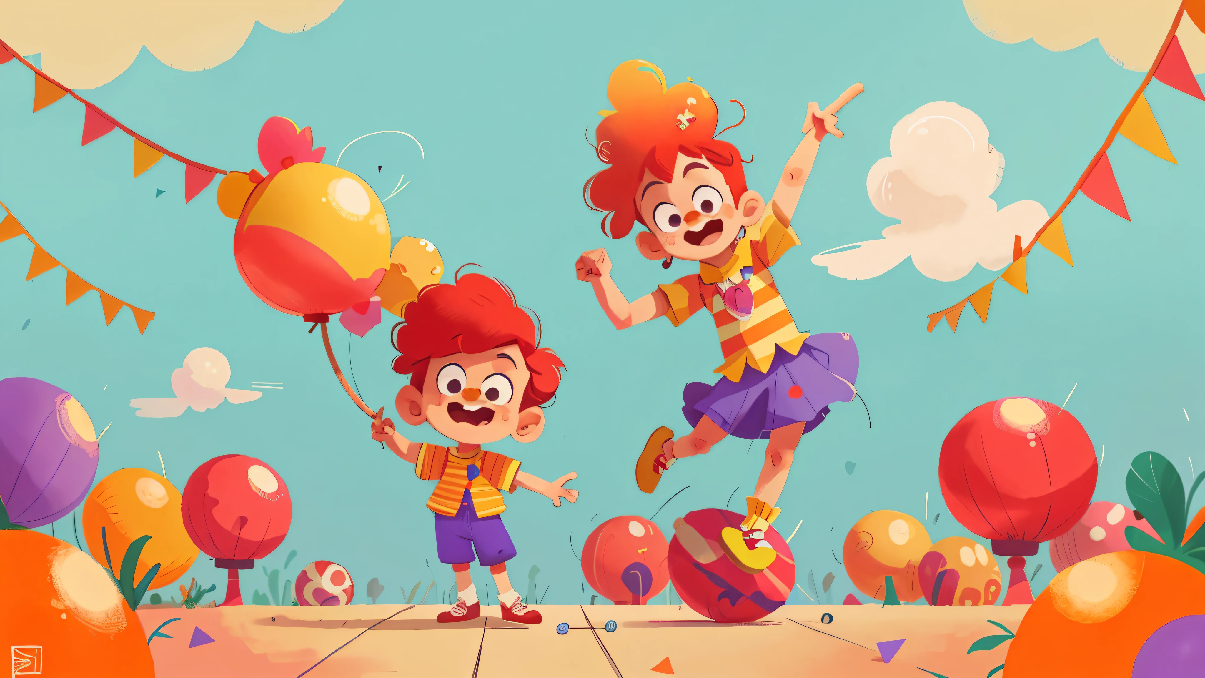 There is a cute male clown with an exaggerated expression on the tightrope，In the circus，Performing handstand juggling，There are many colorful balls and various props next to it.，Bright colors.
