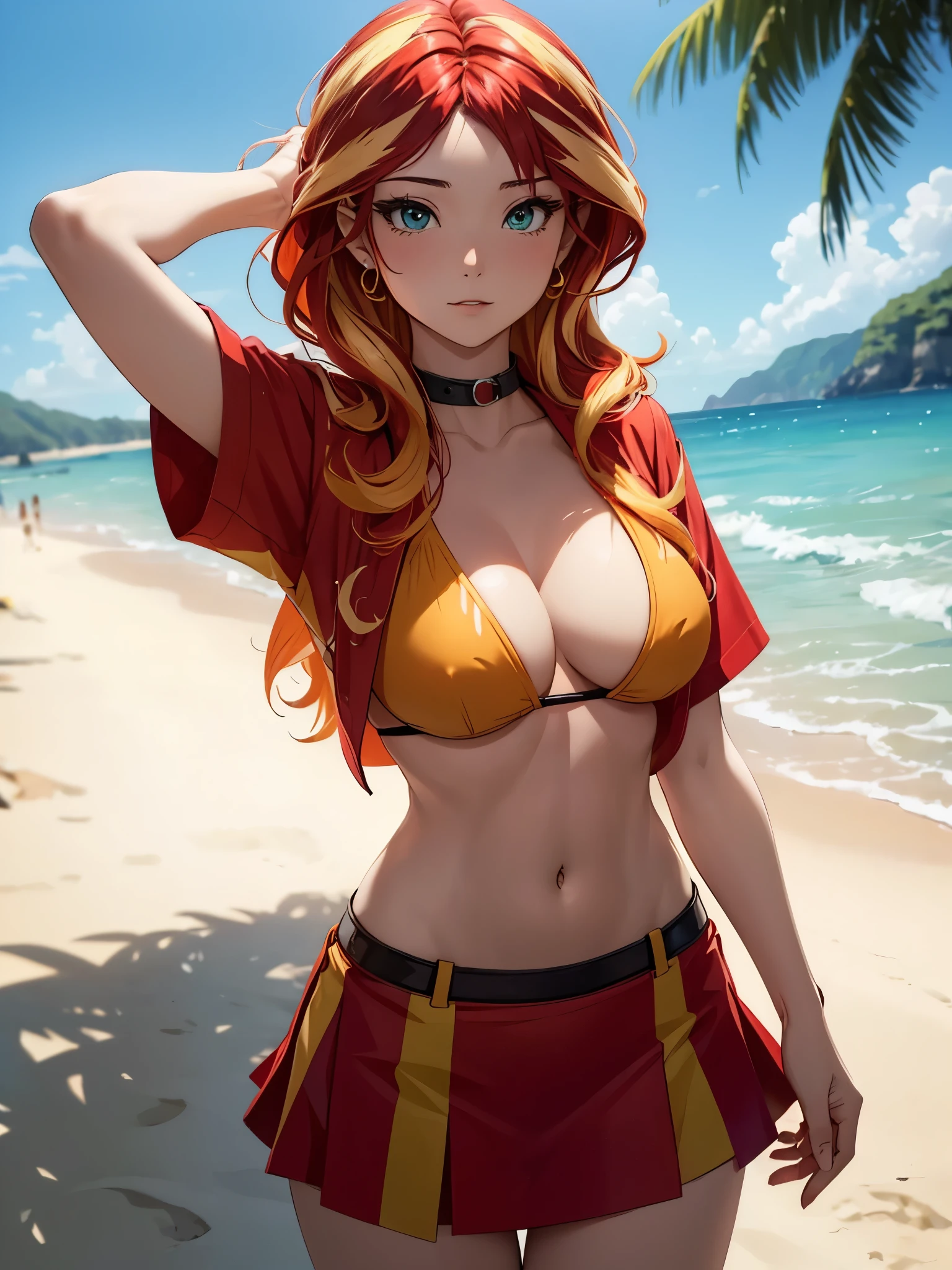 sunsethuman, two hair tones, red and yellow hair, female, medium breasts, short shirt, short skirt, bikini top, glamour shot, beach