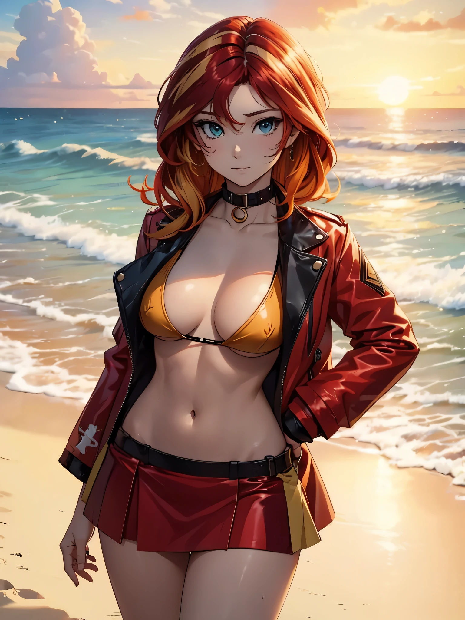 sunsethuman, two hair tones, red and yellow hair, female, medium breasts, short shirt, short skirt, bikini top, glamour shot, beach