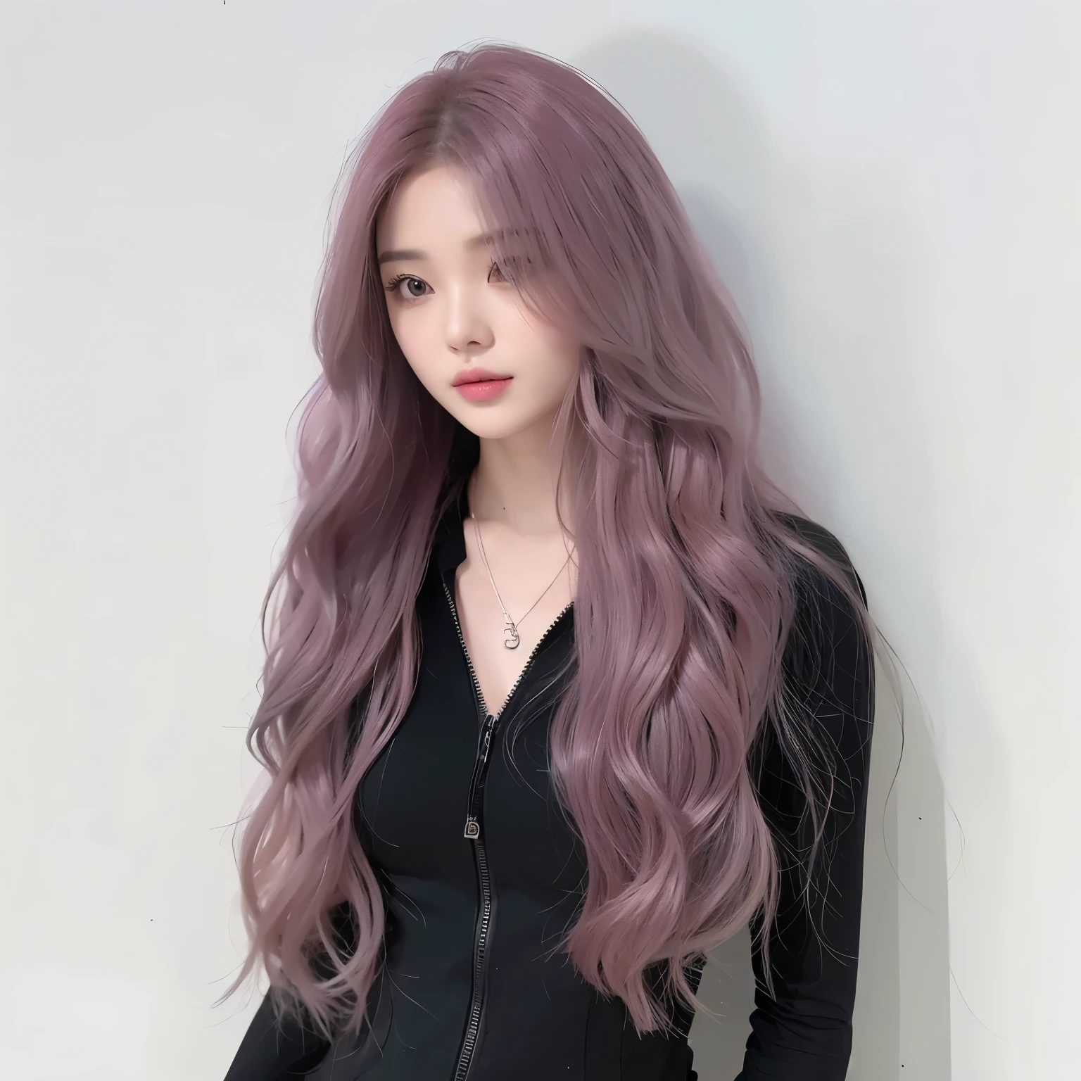 Masterpiece,best quality,girl in black and pink T-shirt,gradient gray hair,black and white gradient hair color,flowing long hair,long curly hair,cool girl,a girl,exquisite facial features with clear hair and clear roots,