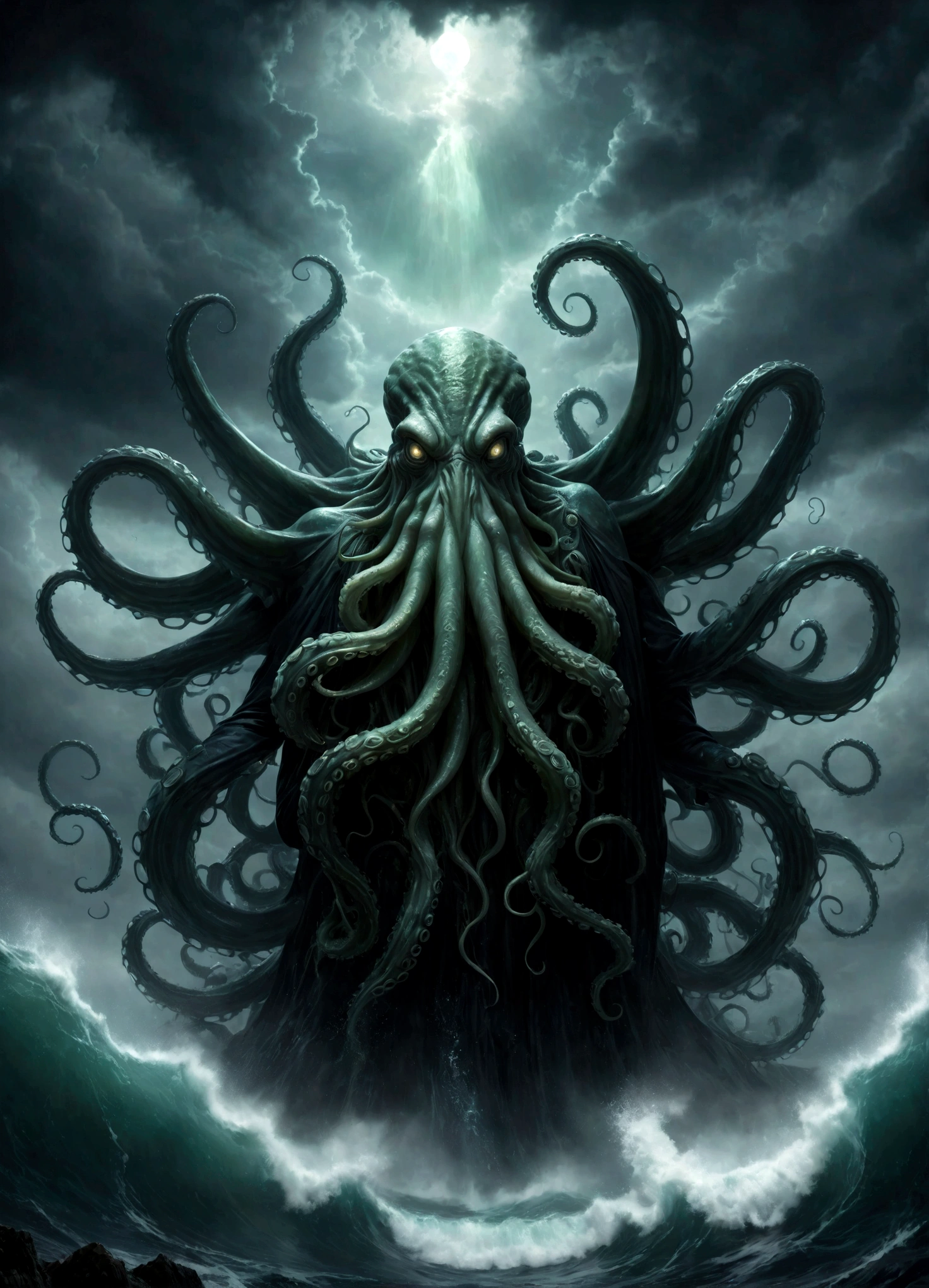 A dark fantasy scene depicting the terrifying creature Cthulhu,emerging from the abyss. The monstrous figure,shrouded in shadows,has large,((menacing tentacles reaching out toward the viewer:1.3)),The atmosphere is eerie and foreboding,with a stormy,nightmarish sky filled with swirling dark clouds. The sea below is turbulent and foamy,reflecting the chaos above. Dim,ghostly lights illuminate parts of Cthulhu’s form,enhancing the horror. The viewer feels an intense sense of dread as the tentacles draw nearer,creating a gripping,immersive experience.,(masterpiece:1.3),(highest quality:1.4),(ultra detailed:1.5),High resolution,extremely detailed,unity 8k wallpaper,(Draws a dark and decadent background,Expresses the fear that the viewer feels,collapses the bottom of the image,Please express it artistically by blurring it in some places.),dynamically,Presence,fear,despair,dark fantasy,Nervousness,Light and darkness