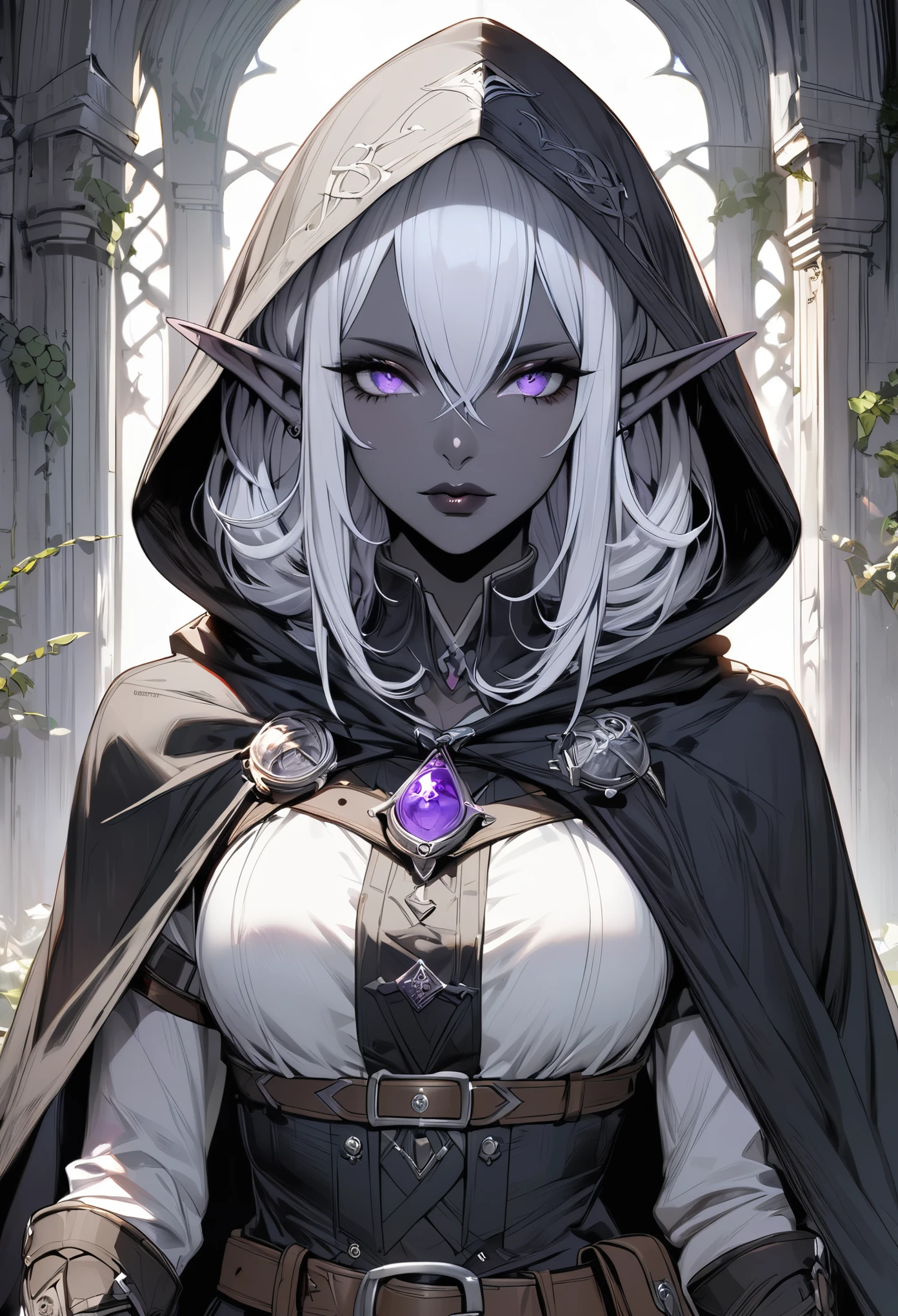 Drow,  Pointed ears, Solitary, Elf, hood, Skin of color, looking at the audience, Long silver hair, cloak, dark Elf, hood up, cape, hooded cloak, belt, pouch, Lavender-colored eyes, Gray skin, Upper Body, arms, Lips, armor, Black/White Badge, potion belt, smith tools on belt,((masterpiece, best quality))