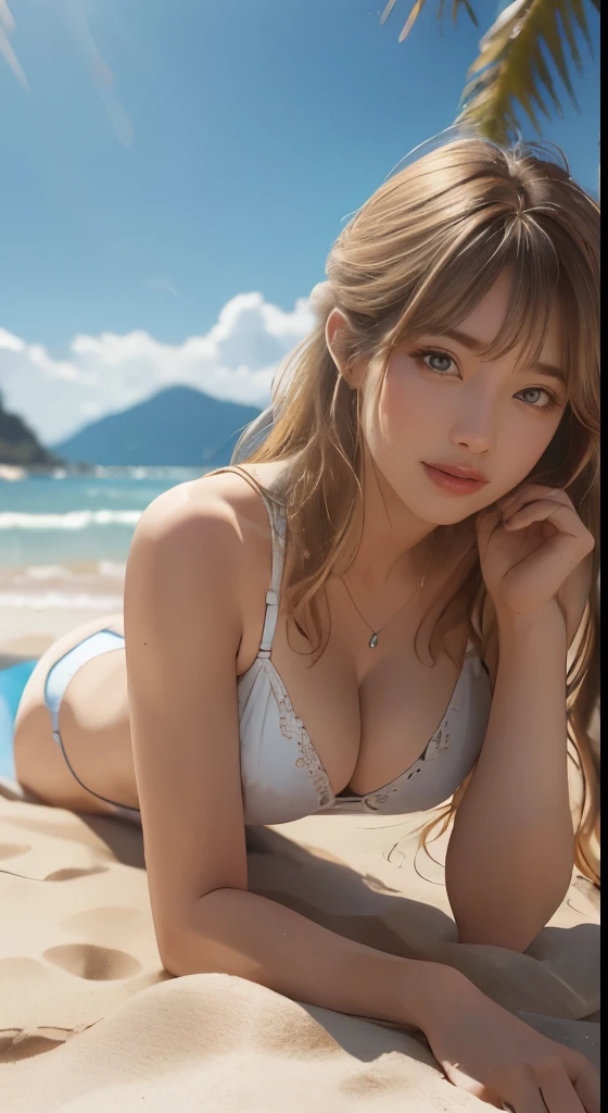 (Tabletop:1.2, highest quality), Realistic, (live-action, Intricate details, Depth of written boundary)、8k Very detailed, Perfect Face, Perfect body, Natural background bokeh.Huge breasts, plump,Very big ass,Natural soft light,Open、sexy、Glamour、European women、Blonde、Crystal clear long hair、Transparency、Beautiful mature woman 、Beach、Bikini Style,Perfect appearance、From head to thighs、Cleavage,((Get on all fours、Stick your butt out、please put your hands on the ground))