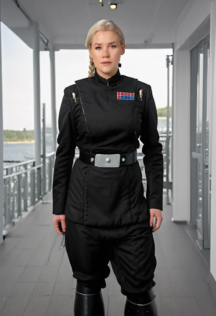  Foto of a (chubby) but muscular scandinavian woman, (Ingrid Mueller) 35 years old, blonde hair,sidecut and braided hairstyle, nordic tattoos. Imperial officer wearing a (black) uniform . full body shot. masterpiece 4k high detailed, high quality