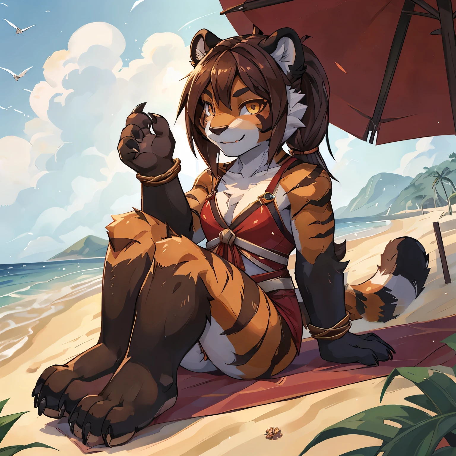 (4fingers), small_round_ears, small_panda_ears, pandaren, world_of_warcraft, furry, anthropomorphic, fluffy_tail, foxtail, cfemale, claws, red_panda, tiger_stripes, tiger_face, flat_chested, , teen, amber_eyes, (pupils), (tiger_legs), black_left_foot, white_right_foot, (four_fingers), waist_long_ponytail, brown_hair, ((three_toes)), ((3toes)), ((detailed_eyes)), ((detailed_face)), detailed_hands, beach, swimsuit, white tail tip,