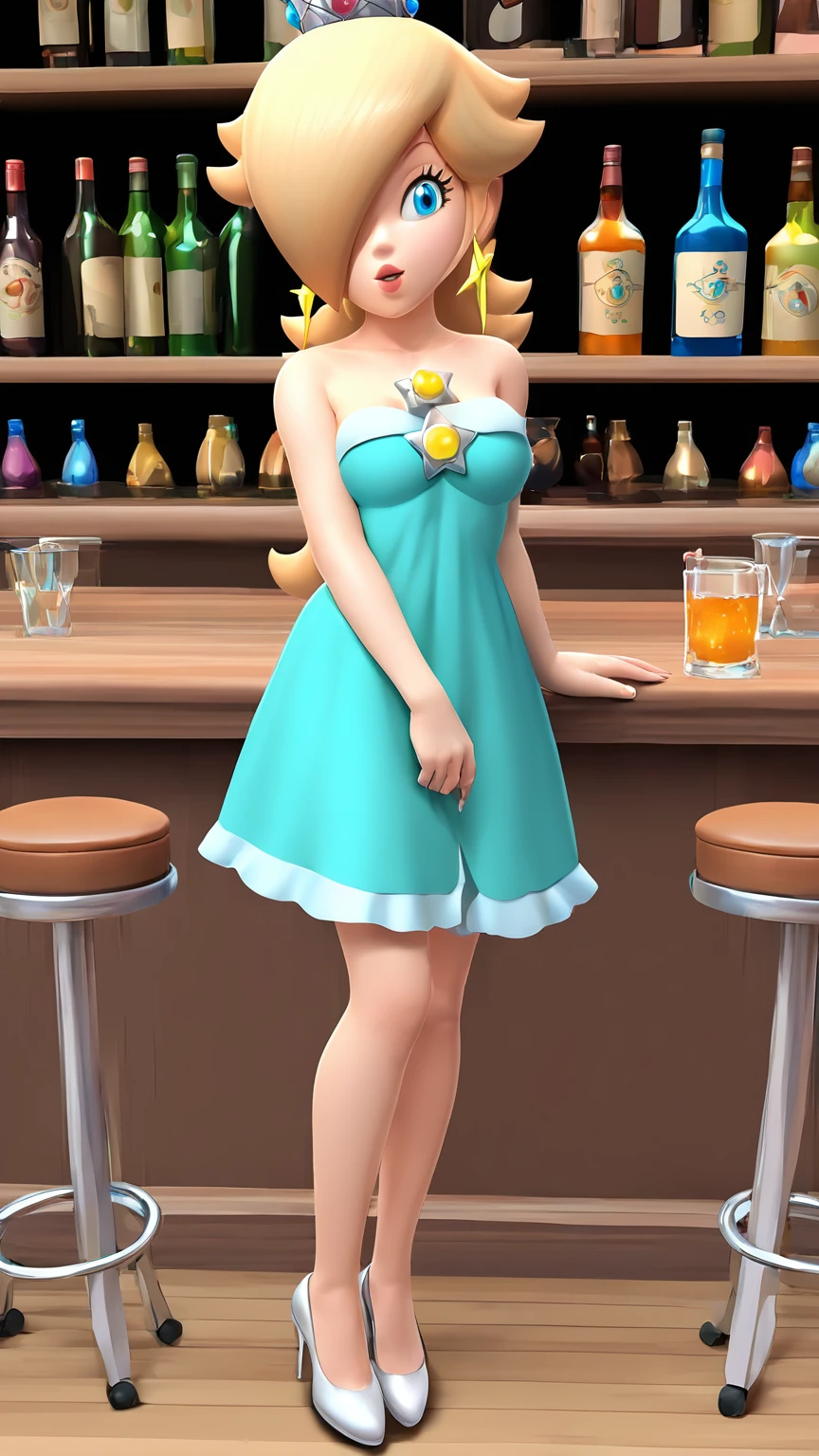 score_9, score_8_up, 1girl, solo, rosalina, style parody, thick outlines, blue dress, sleeveless, strapless, cleavage, indoors, bar, 