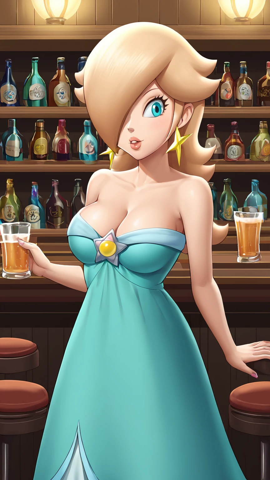 score_9, score_8_up, 1girl, solo, rosalina, style parody, thick outlines, blue dress, sleeveless, strapless, cleavage, indoors, bar,