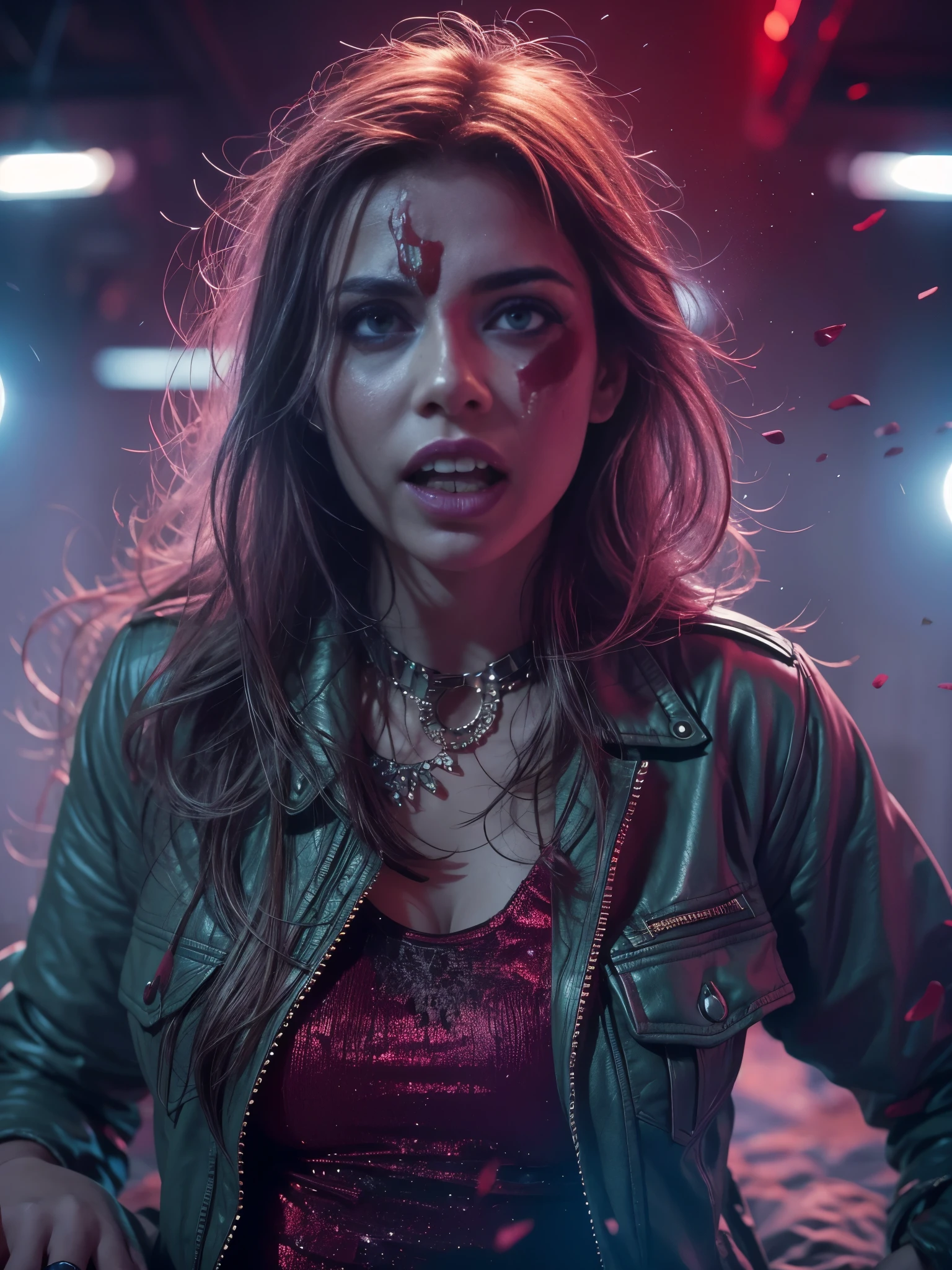 A beautiful 23-year-old European woman, reminiscent of a playmate, caught in a terrifying zombie movie scene. The setting is split in half: on the left, a haunting red light casts an eerie glow, while the right side is engulfed in a chilling blue haze. The image is cinematic and realistic, detailed to 8K resolution with striking clarity. The woman is fending off green zombies, capturing a moment of intense fear and survival.