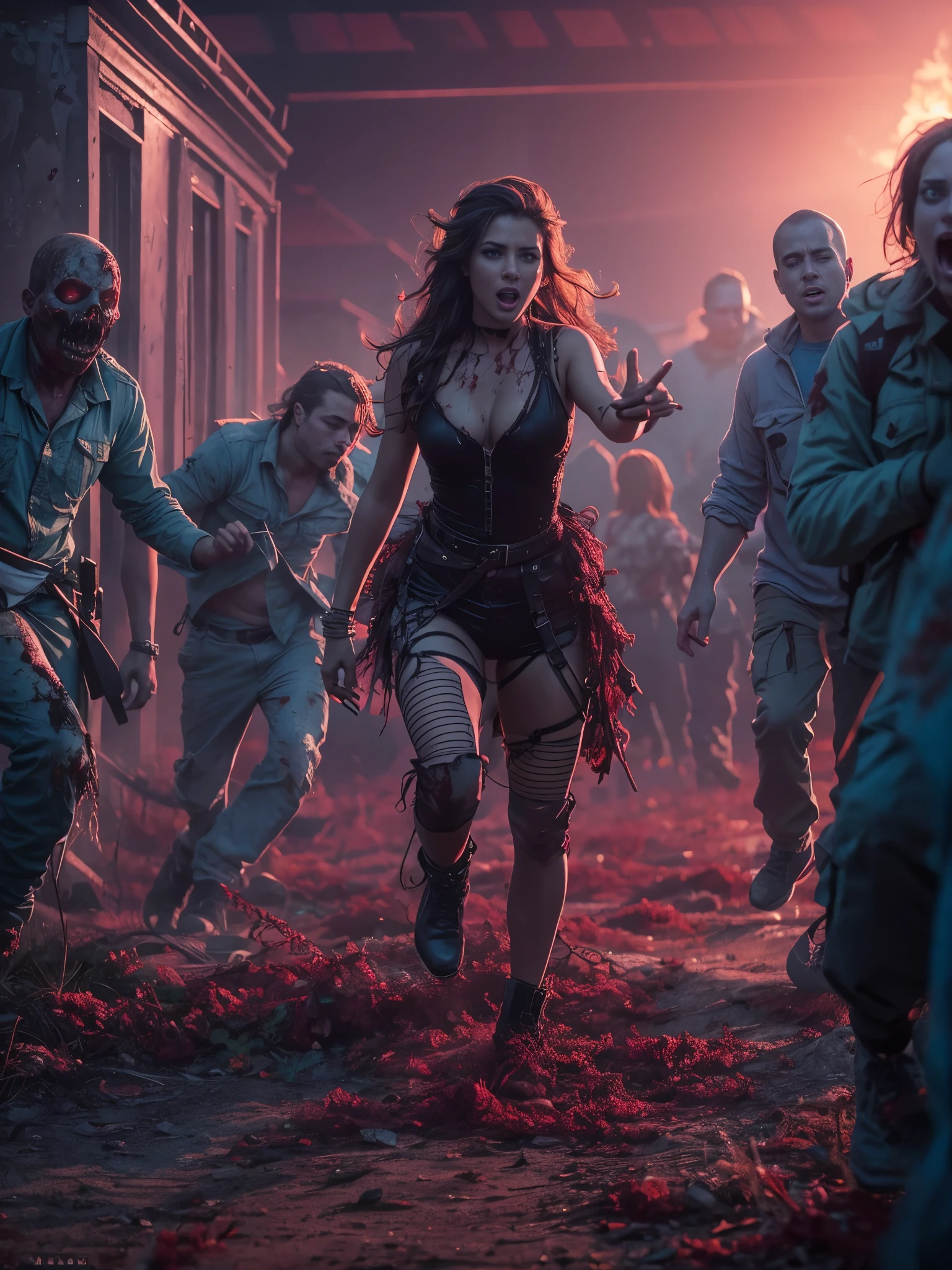 A beautiful 23-year-old European woman, reminiscent of a playmate, caught in a terrifying zombie movie scene. The setting is split in half: on the left, a haunting red light casts an eerie glow, while the right side is engulfed in a chilling blue haze. The image is cinematic and realistic, detailed to 8K resolution with striking clarity. The woman is fending off green zombies, capturing a moment of intense fear and survival.