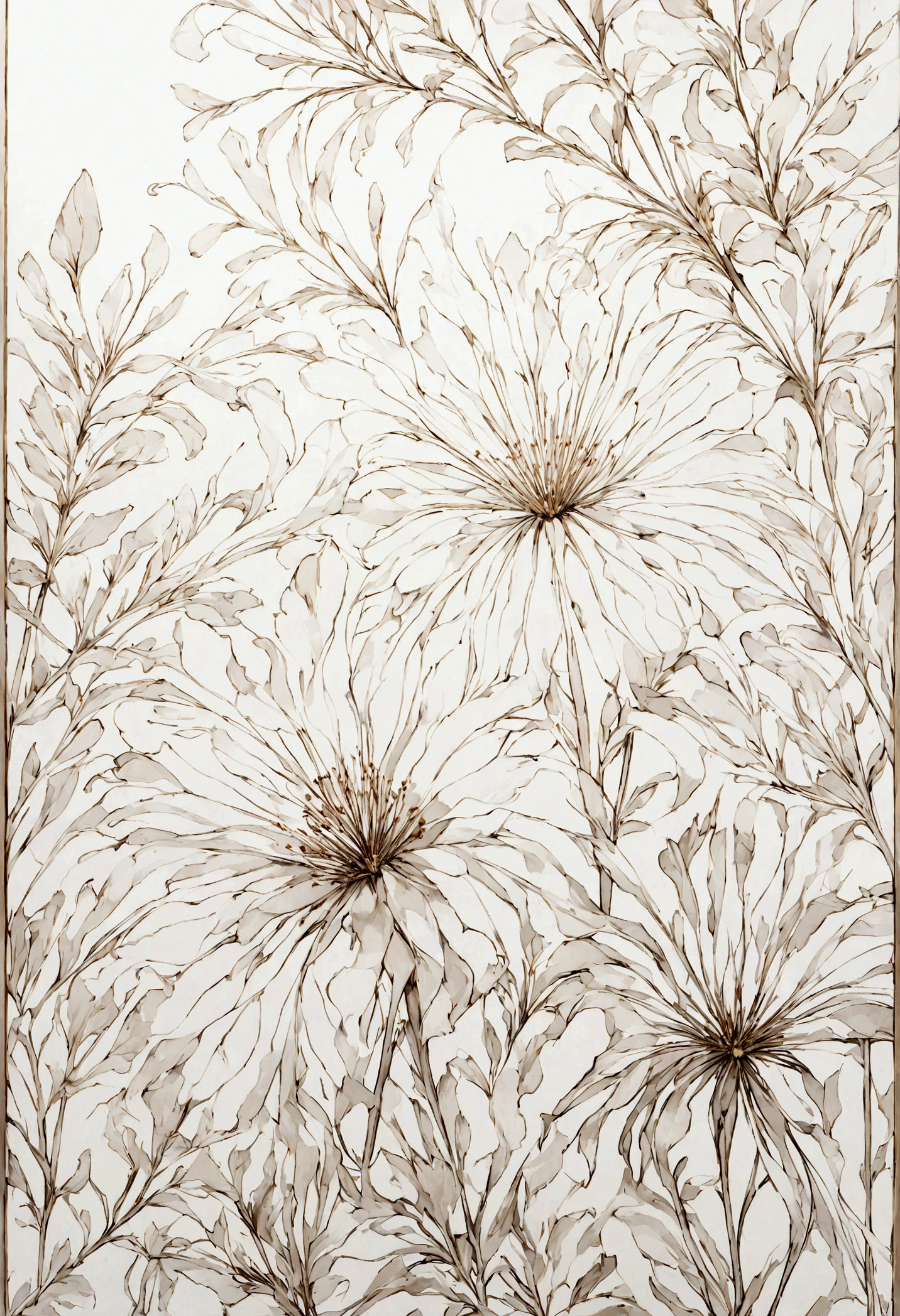 Black and white outline art on a pure white background, decorated with delicate, clean lines. Botanical art. This stunning work of art exudes elegance and sophistication. The precise lines and intricate details really showcase the high quality craftsmanship of this painting, creating a captivating visual experience.