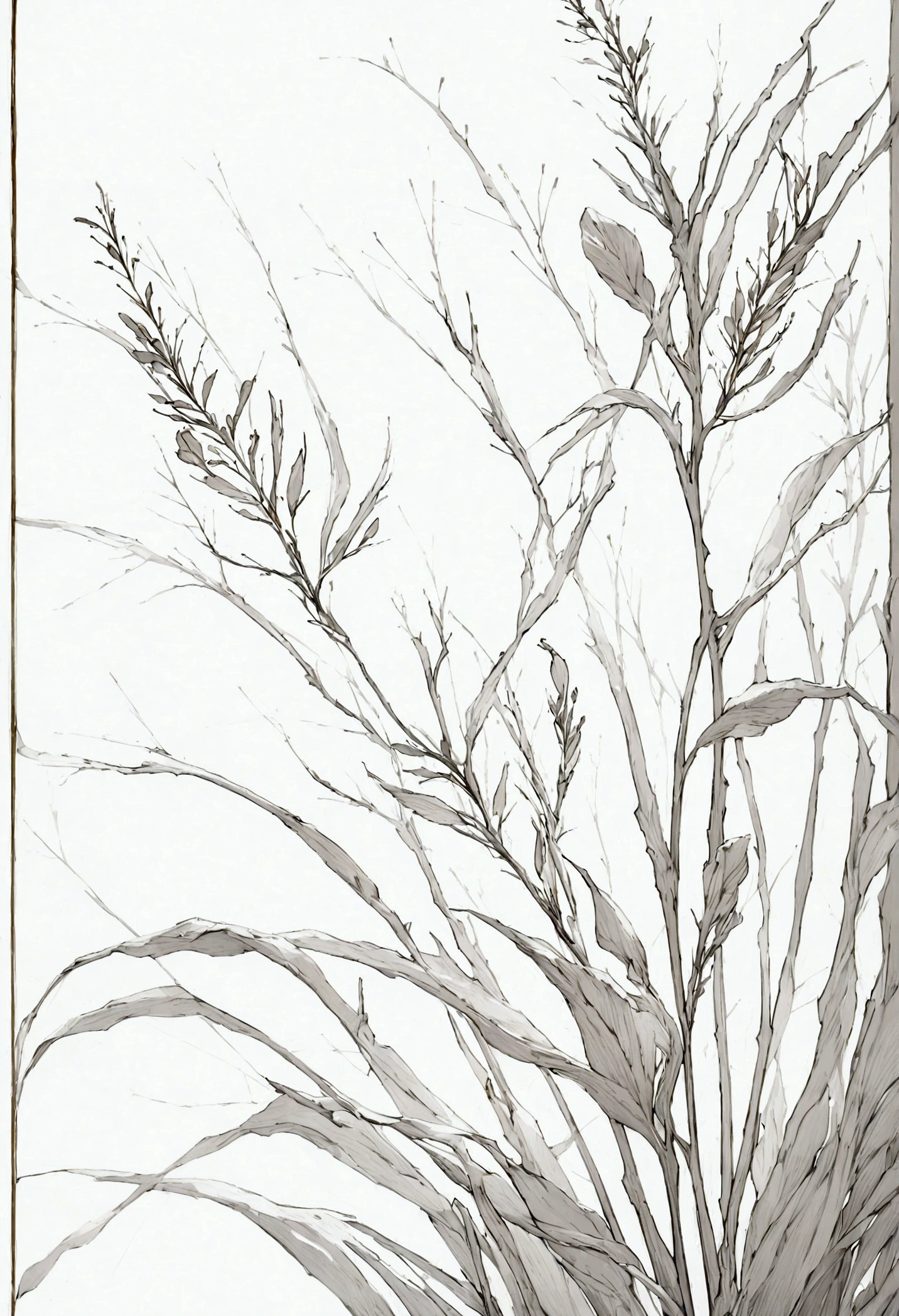 Black and white outline art on a pure white background, decorated with delicate, clean lines. Botanical art. This stunning work of art exudes elegance and sophistication. The precise lines and intricate details really showcase the high quality craftsmanship of this painting, creating a captivating visual experience.