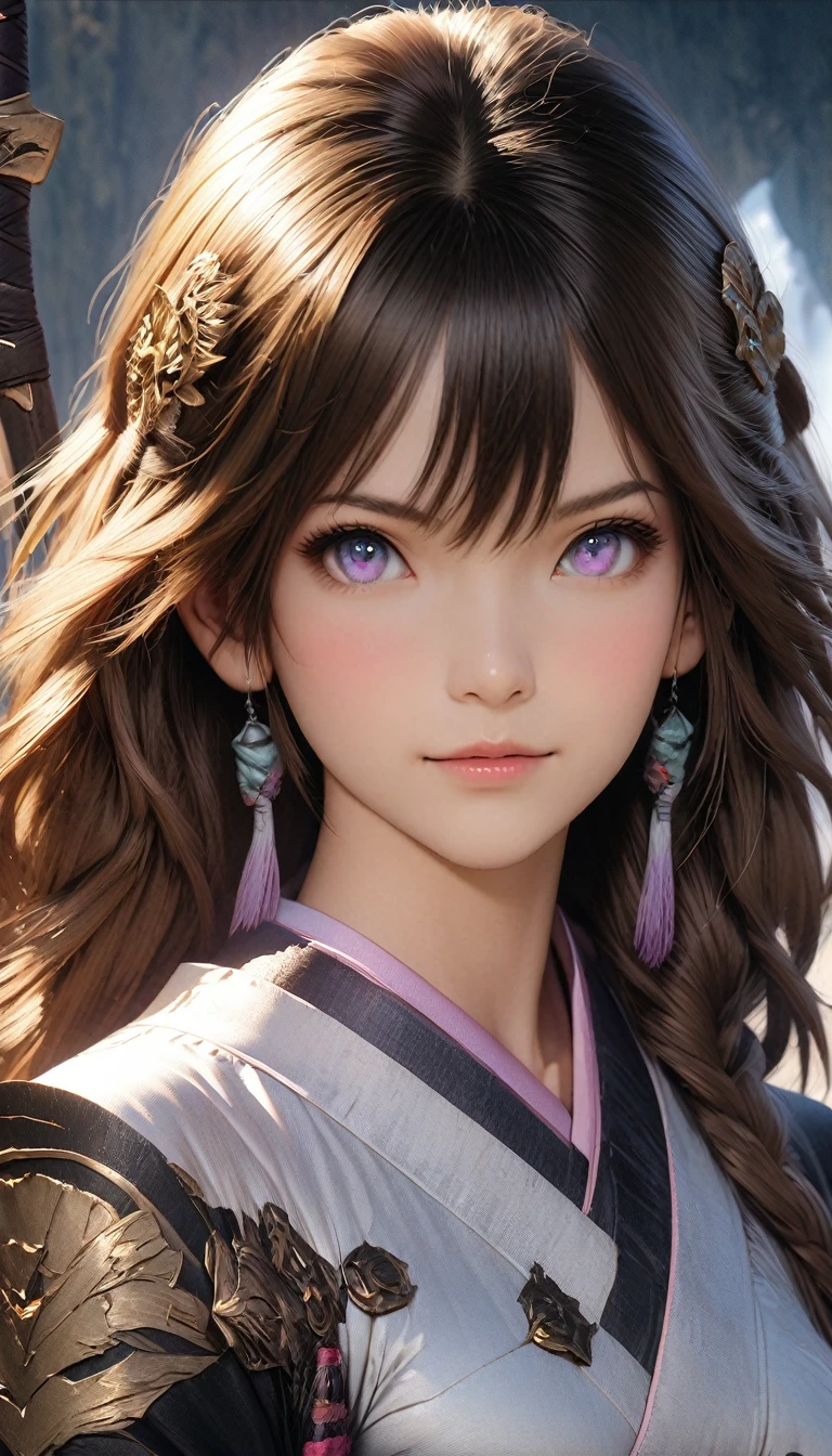 Final fantasy (Yuna) Anime girl with brown hair and a white kimono dress holding her necklace, beautiful character painting, soft anime CG art, realistic anime art style, beautiful anime portrait, beautiful anime woman, photorealistic anime girl rendering, Makoto Shinkai and Artgerm, realistic 3D anime style, anime realism style, Anime Style Digital Art, Beautiful Anime Girl