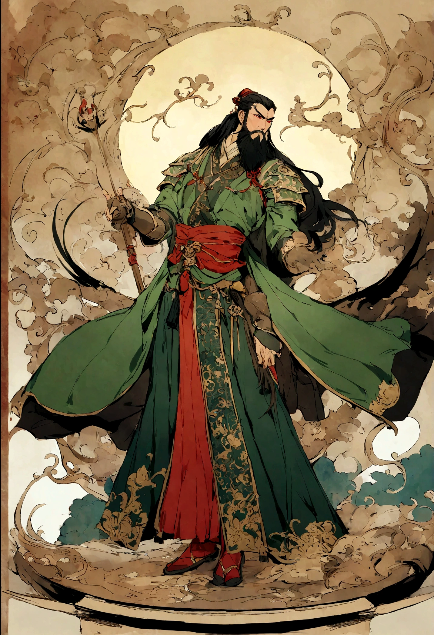 Three Kingdoms,Cartoon,Guan Yu,Green robe,Long beard,Red face,Fine eyes,whole body,Cartoon画,armor,Chinese,Chinese style