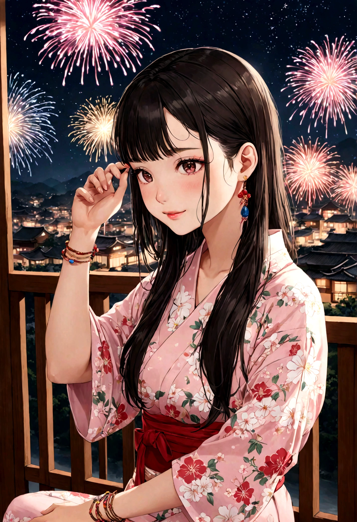 Browsing Caution, 8K Raw Photos, highest quality, masterpiece, Ultra-high resolution, Film Grain, movie, One girl, View Viewer, Natural skin texture, Realistic eye and facial details, full 唇, Lip tick, (compensate), Red eyeshadow, Smooth Long Hair,Korean Beauty,Japanese Kimono(Pink based floral pattern),smile, Close your mouth, beautiful feet, Tall Woman, skinny, slim_feet, alone, Large Breasts,Natural pose with fireworks in the background,Black Hair,Tie your hair back,Bracelet,Sandals,Night view,VIVIZ,UMJI,Korean,かわいいKorean,Natural Makeup,cute,Tying up your hair,Earrings,Depth of written boundary