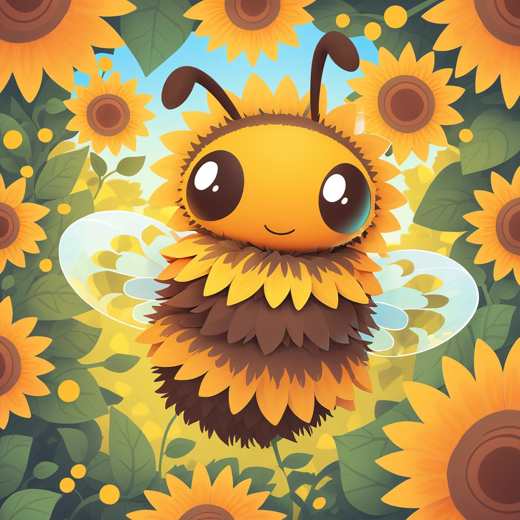 fuzzy Bumble Bee in animated art style with sunflower garden background