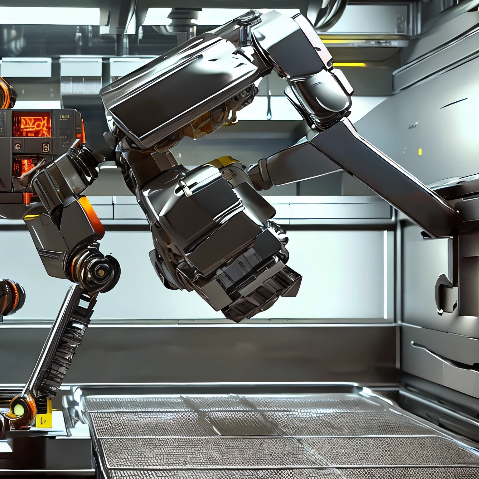 a robot,mechanical arms,drying meat,putting meat in oven,baking,industrial kitchen,futuristic technology,chrome and steel,glowing displays,precise movements,cinematic lighting,photorealistic,8k,best quality,highly detailed,intricate machinery,industrial design,metallic textures,warm colors,dramatic shadows,advanced robotics