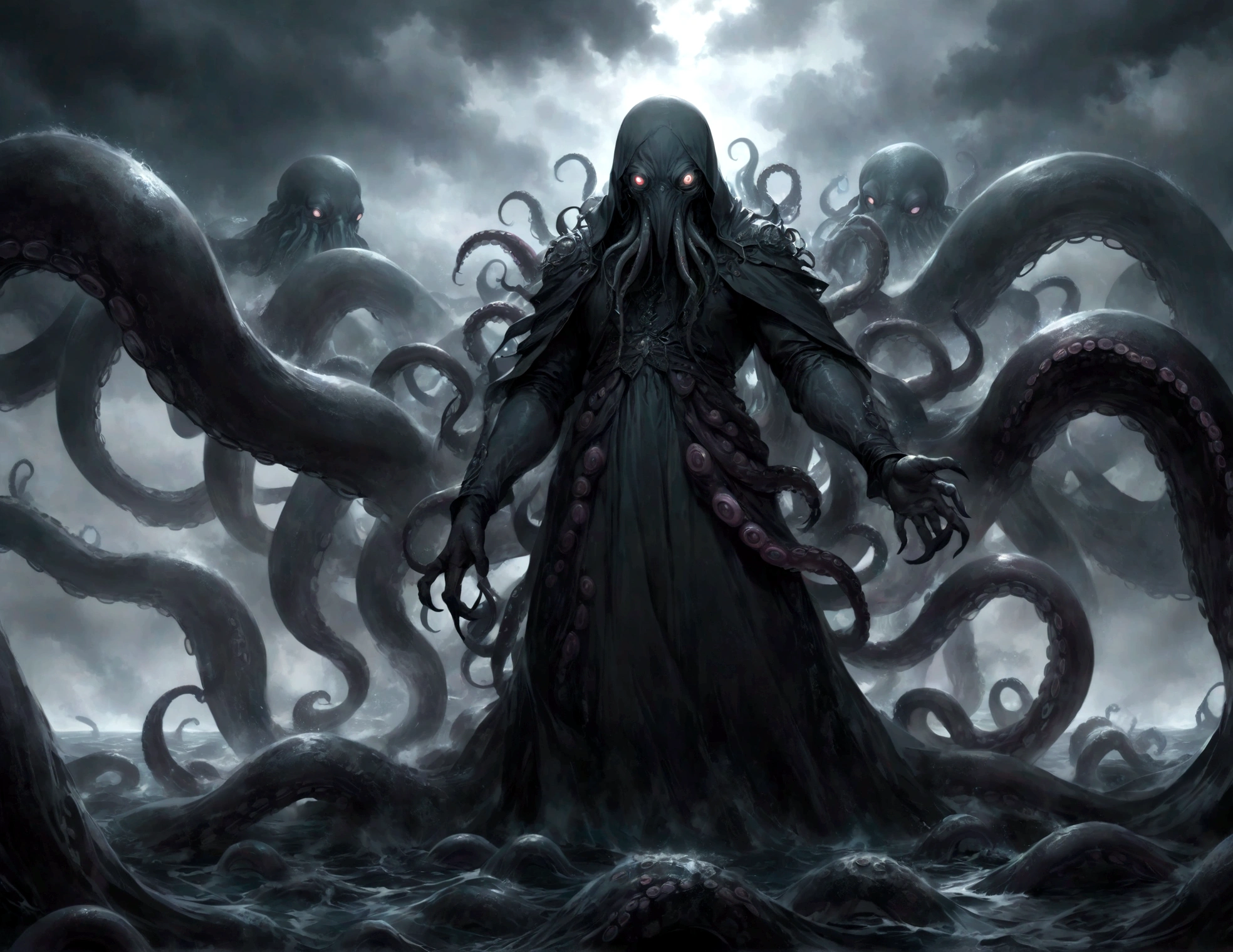 A dark fantasy scene depicting the terrifying creature Cthulhu,emerging from the abyss. The monstrous figure,shrouded in shadows,has large,((menacing tentacles reaching out toward the viewer:1.3)),The atmosphere is eerie and foreboding,with a stormy,nightmarish sky filled with swirling dark clouds. The sea below is turbulent and foamy,reflecting the chaos above. Dim,ghostly lights illuminate parts of Cthulhu’s form,enhancing the horror. The viewer feels an intense sense of dread as the tentacles draw nearer,creating a gripping,immersive experience.,(masterpiece:1.3),(highest quality:1.4),(ultra detailed:1.5),High resolution,extremely detailed,unity 8k wallpaper,(Draws a dark and decadent background,Expresses the fear that the viewer feels,collapses the bottom of the image,Please express it artistically by blurring it in some places.),dynamically,Presence,fear,despair,dark fantasy,Nervousness,Light and darkness