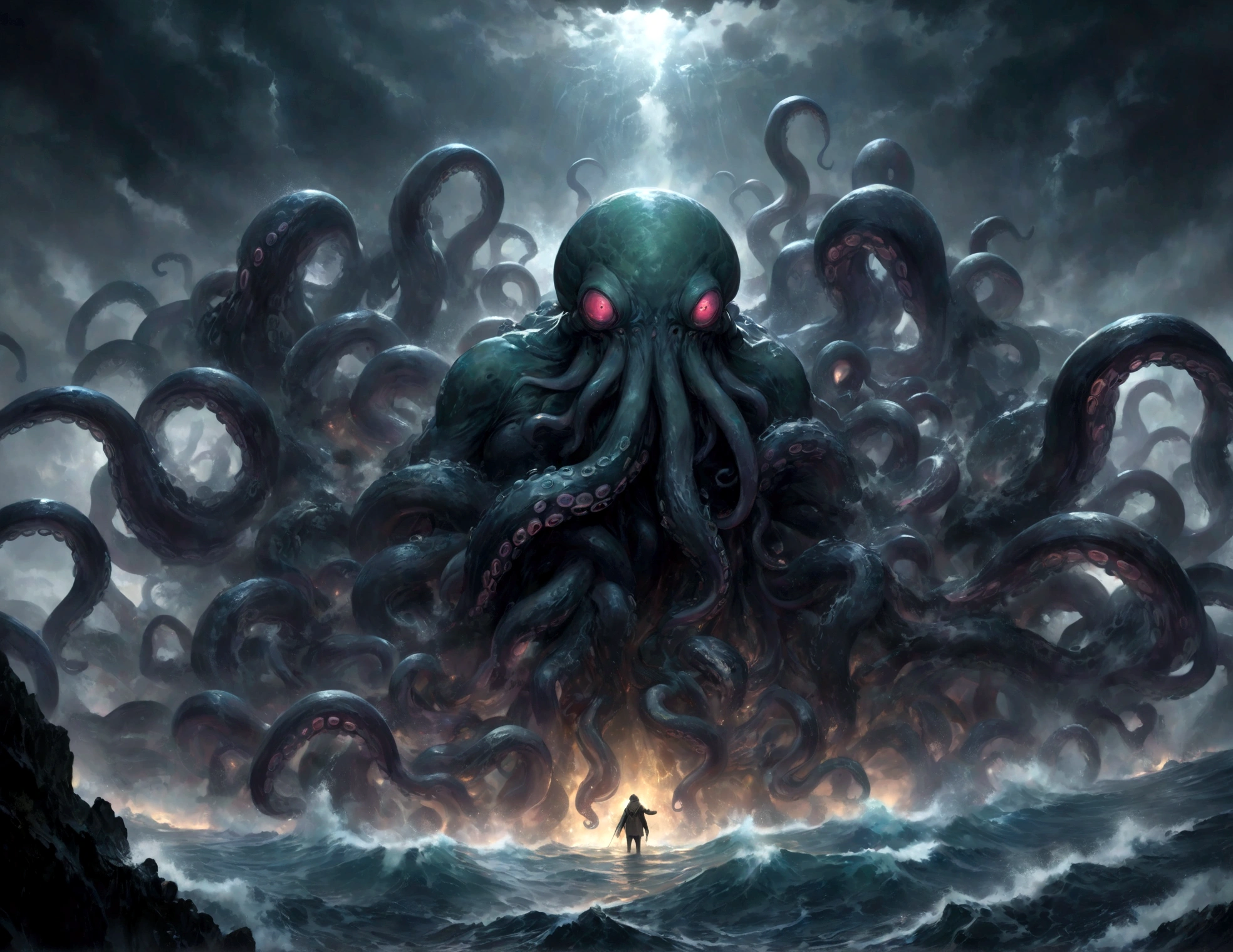 A dark fantasy scene depicting the terrifying creature Cthulhu,emerging from the abyss. The monstrous figure,shrouded in shadows,has large,((menacing tentacles reaching out toward the viewer:1.3)),The atmosphere is eerie and foreboding,with a stormy,nightmarish sky filled with swirling dark clouds. The sea below is turbulent and foamy,reflecting the chaos above. Dim,ghostly lights illuminate parts of Cthulhu’s form,enhancing the horror. The viewer feels an intense sense of dread as the tentacles draw nearer,creating a gripping,immersive experience.,(masterpiece:1.3),(highest quality:1.4),(ultra detailed:1.5),High resolution,extremely detailed,unity 8k wallpaper,(Draws a dark and decadent background,Expresses the fear that the viewer feels,collapses the bottom of the image,Please express it artistically by blurring it in some places.),dynamically,Presence,fear,despair,dark fantasy,Nervousness,Light and darkness