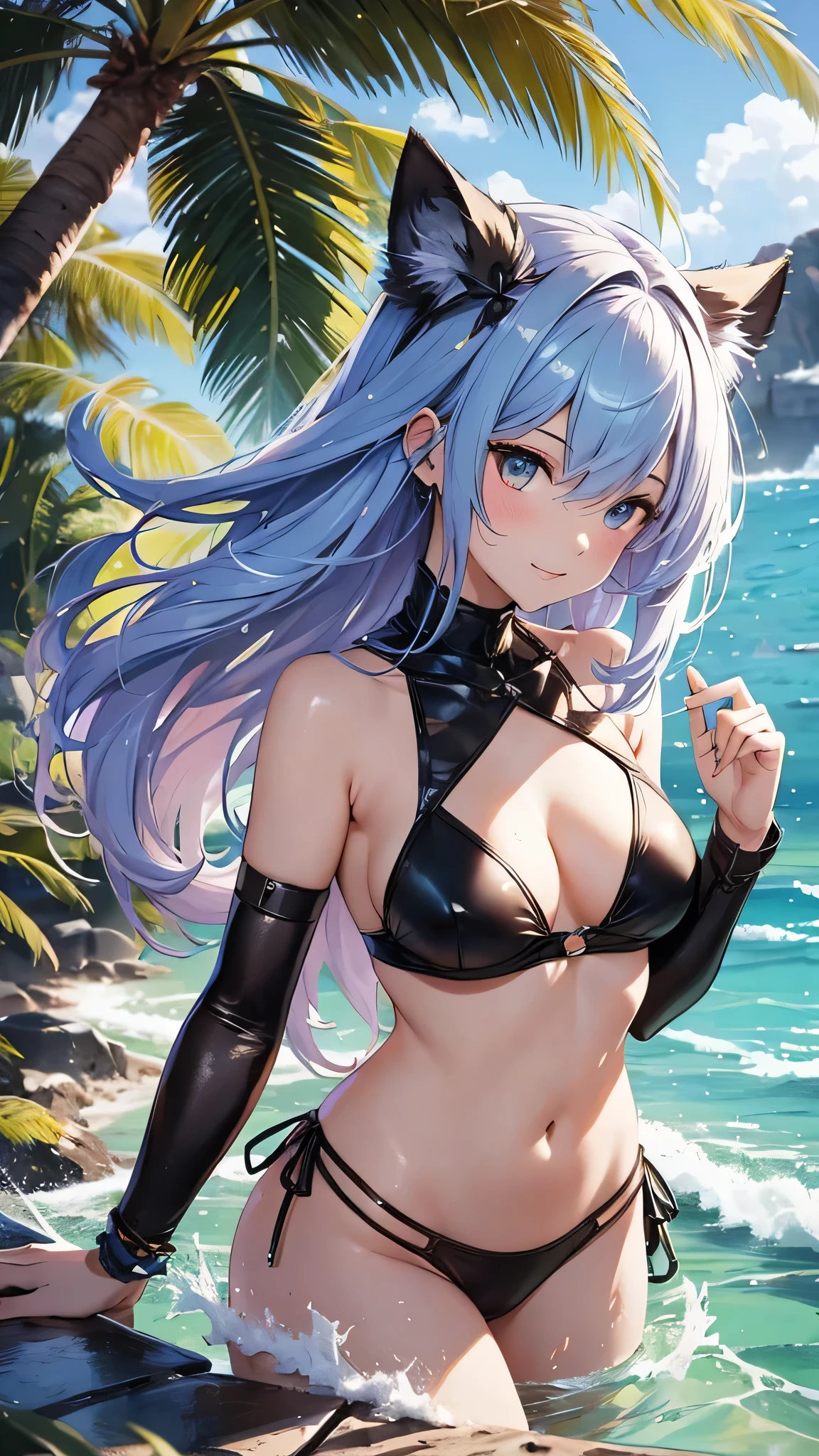 Highest quality、Highest quality、Masterpiece、girl((20-year-old、as soon as、Highest Bust、Medium Bust、Wide open chest、Red glowing eyes、Light Blue Hair、Disheveled Hair、Loincloth、thin、The best valley、Open chest、Full body view、White see-through、White Bikini、Smile、On all fours))、high quality、Beautiful Art、background((Ocean、Wave、beach、Palm tree))、flight、Flying Debris、Depth of text、movie、Visual Arts、Perfect Art、8K、Genuine、Special Angles