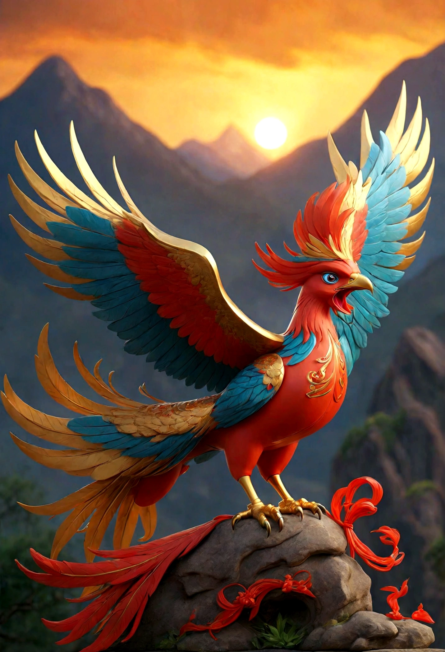 Phoenix, Sacred Birds in Chinese Mythology Very dazzling art with gorgeous decorations A beautiful sight with a mountain in the background