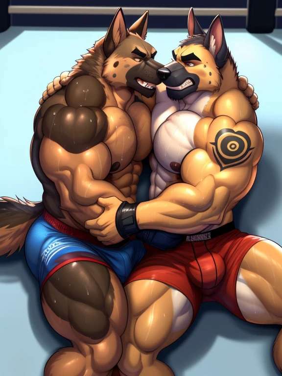 Duo male(German shepherd dog vs German shepherd dog, handsomes, Thick eyebrows), gay(Lying down, body on body, cuddling embraced, face to face, on a UFC match), hot(Shirtless), handsomes(They are handsomes, correct anatomy), musculosos(Big muscle bodies, Six packs, muscle abs, big pecs, muscle backs, muscle legs), sweaty(very sweaty wet bodies, shiny sweat), tatuajes(they have tattoos), Angry(Both have an angry expression, growling, steaming breath), UFC gloves(They both are wearing red UFC gloves), UFC boxers(They both are wearing boxers), Hight resolution, by(Zourik:1.1)