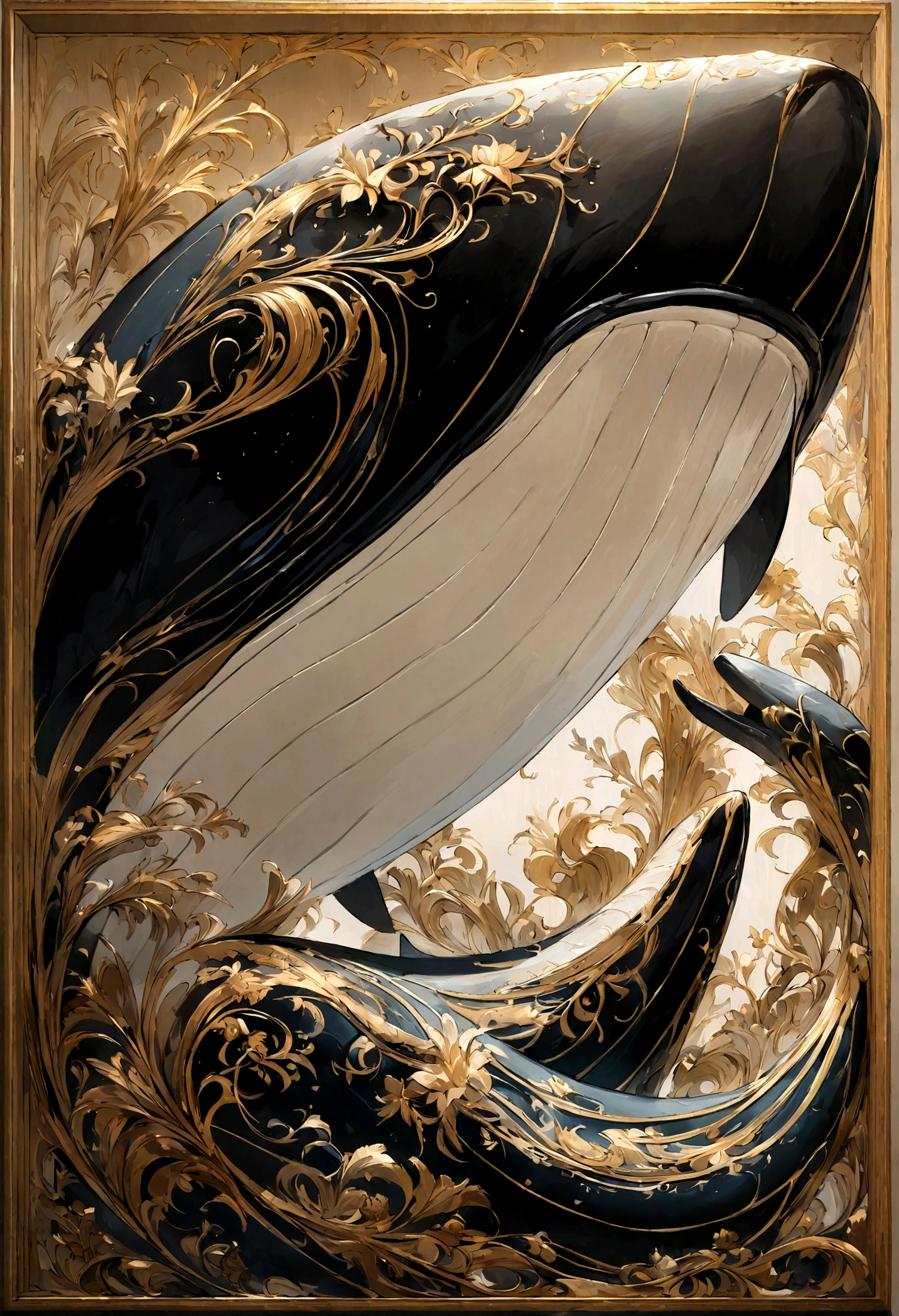 Utrine art decorated with delicate and clean lines. Whale. This stunning work of art exudes elegance and sophistication. The precise lines and intricate details truly demonstrate the high quality craftsmanship of this painting and create a captivating visual experience.